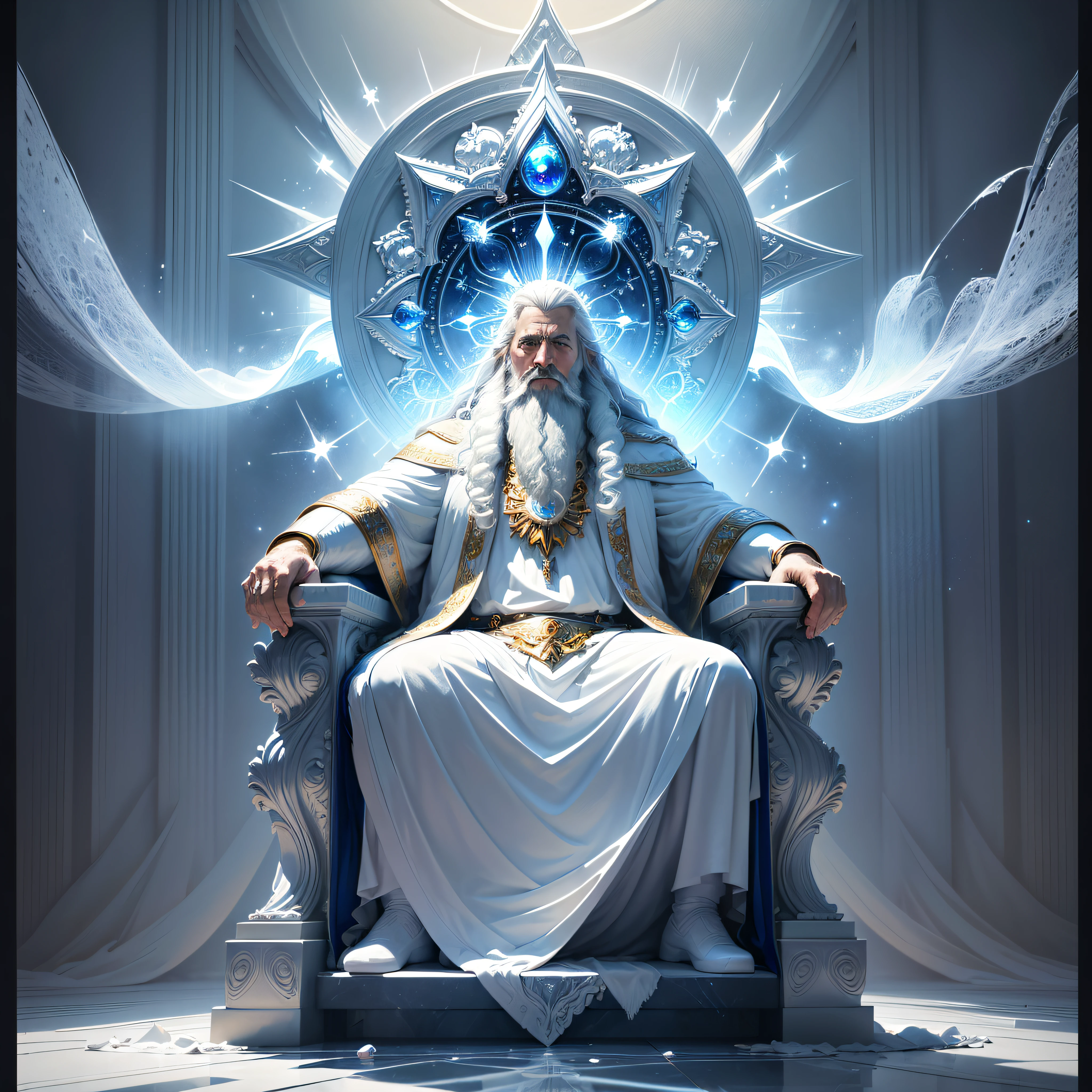 (masterpiece, best quality, ultra-realistic), God's throne room, high resolution, divine man, majestic, strong, imposing, white hair and beard, white clothes warmth, dazzling light, serene aura, magnificent aura, god (embodiment of power:1.2), glorious, surreal, powerful blue throne made of sapphire stone, (emitting light:1.3), (gleaming:1.2)