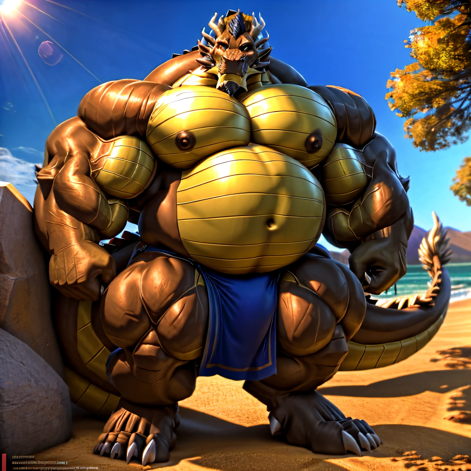 shendu, eastern dragon king, male dragon, eastern dragon,hefty body, with very big muscles, hulking, huge, colossal body, extremely strong, big abdominal muscles, hefty musclegut, pecs, Strong and robust musclegut , prominent muscle abs, sharp claws, legs, feet, full body, loincloth, HDR, nipples, sunlight, daylight, outdoor, bright , at noon, good weather, 4k, best quality .
