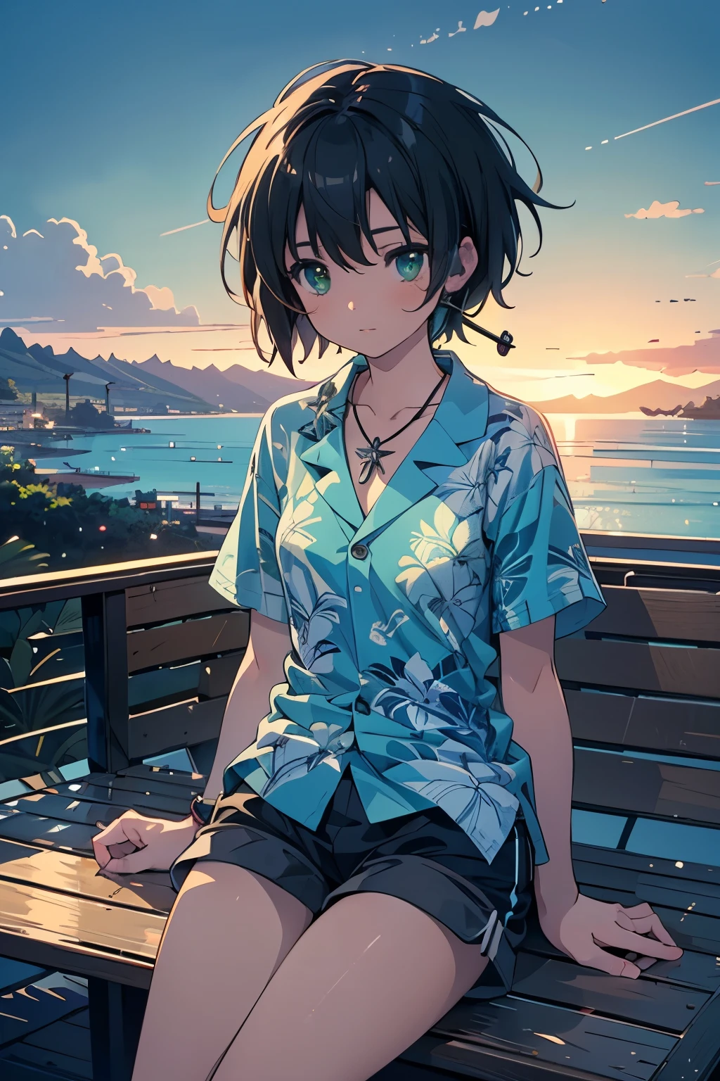 (masterpiece:1.2), (highest quality:1.2), Ultra-high resolution, Super detailed, Perfect Eyes, Perfect Face, Perfect lighting,((Anime girl relaxing on a deck chair with headphones)), ((Eyes closed)), ((looking away:1.4)), Surreal girl, (one person,Lolita,boyish, , 13 years old:1.3),Full Finger,, Androgynous charm, (Very short hair), Black Hair, Messy Hair, small and soft breasts,Slender body, Small Ass, Small green eyes,Detailed and beautiful eyes, Well-proportioned iris and pupil, Expressive eyes, Beautifully detailed lips, High resolution detailed hair, ((Light green aloha shirt:1.4)),((Black shorts:1.3)),(Gorgeous Aloha shirt), (Fish hook necklace),Ultra-dense skin, Waikiki Beach, ((noon)),coastline, Panoramic View, Gweiz-style artwork, Makoto Shinkai's art style, lofi portrait, Digital anime art, Makoto Shinkai style, LOFI Girl, Anime-style illustrations, lofi art style, Anime illustration