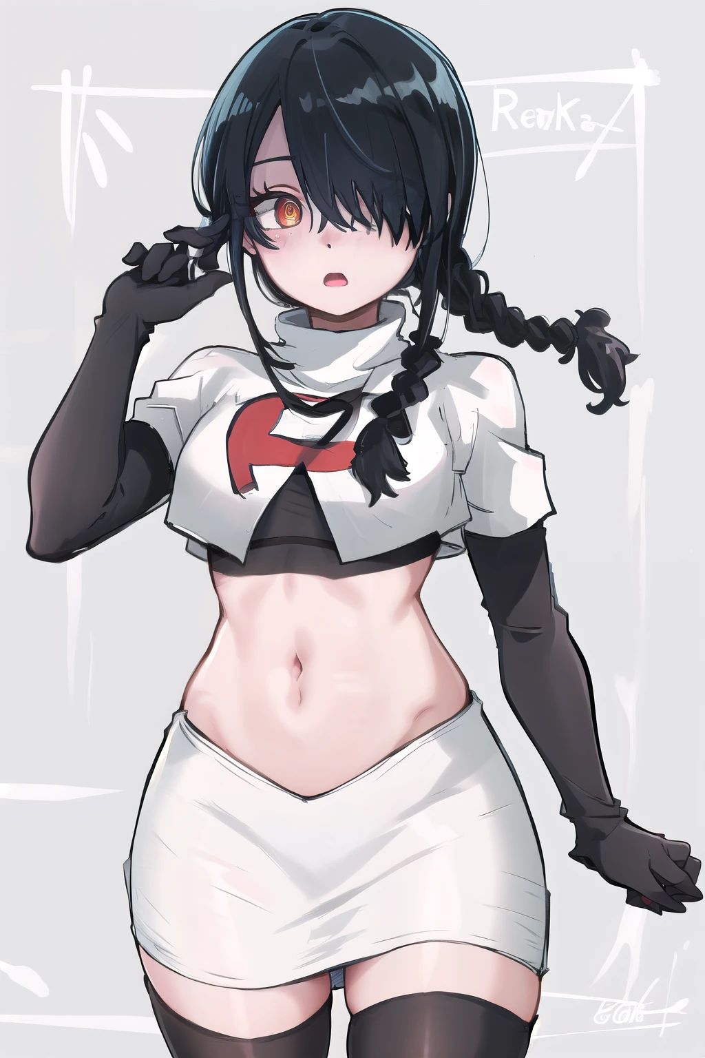 nayuta, ringed eyes, red eyes, single braid, (hair over one eye), black hair, looking at viewer, :o, blush, simple background, team rocket,team rocket uniform,white skirt,red letter R,crop top,black thigh-highs,black elbow gloves