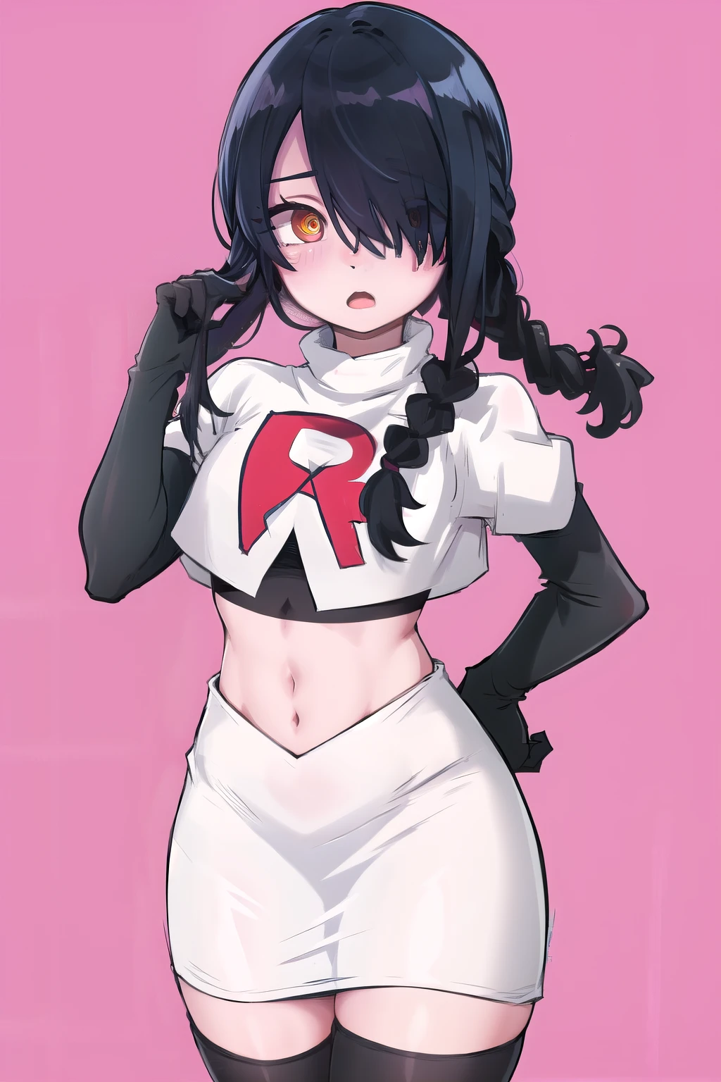 nayuta, ringed eyes, red eyes, single braid, (hair over one eye), black hair, looking at viewer, :o, blush, simple background, team rocket,team rocket uniform,white skirt,red letter R,crop top,black thigh-highs,black elbow gloves