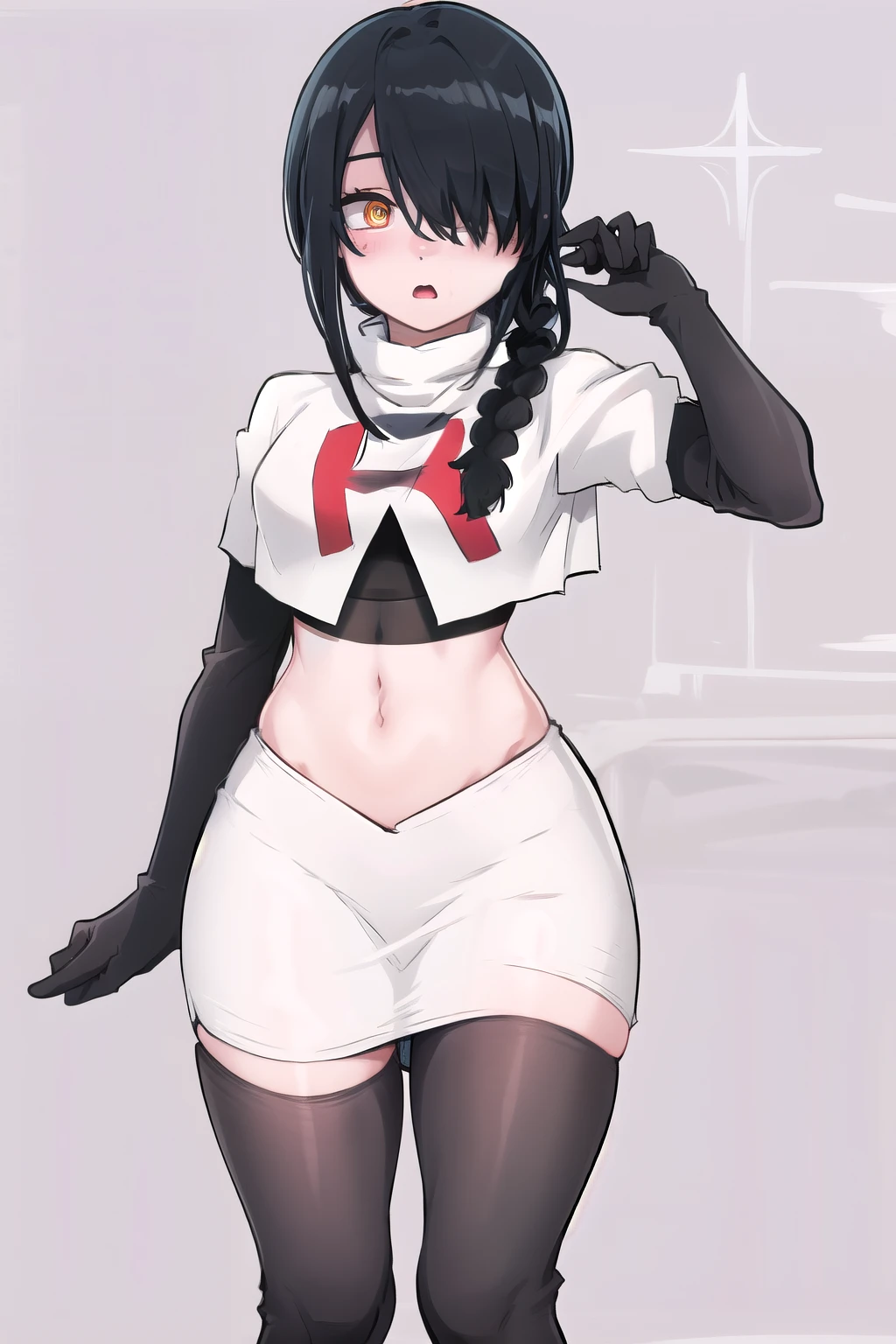 nayuta, ringed eyes, red eyes, single braid, (hair over one eye), black hair, looking at viewer, :o, blush, simple background, team rocket,team rocket uniform,white skirt,red letter R,crop top,black thigh-highs,black elbow gloves