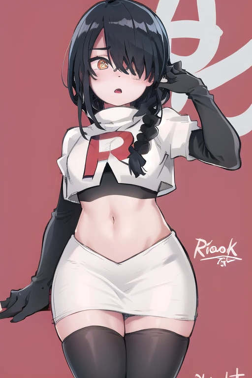 nayuta, ringed eyes, red eyes, single braid, (hair over one eye), black hair, looking at viewer, :o, blush, simple background, team rocket,team rocket uniform,white skirt,red letter R,crop top,black thigh-highs,black elbow gloves