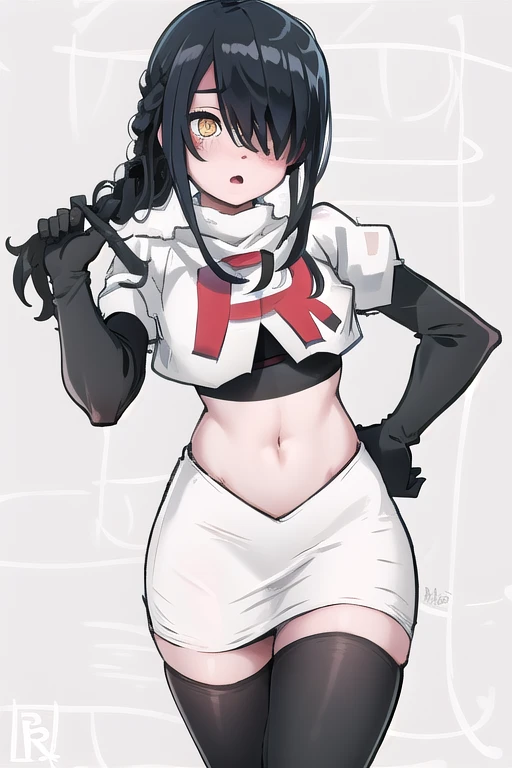 nayuta, ringed eyes, red eyes, single braid, (hair over one eye), black hair, looking at viewer, :o, blush, simple background, team rocket,team rocket uniform,white skirt,red letter R,crop top,black thigh-highs,black elbow gloves