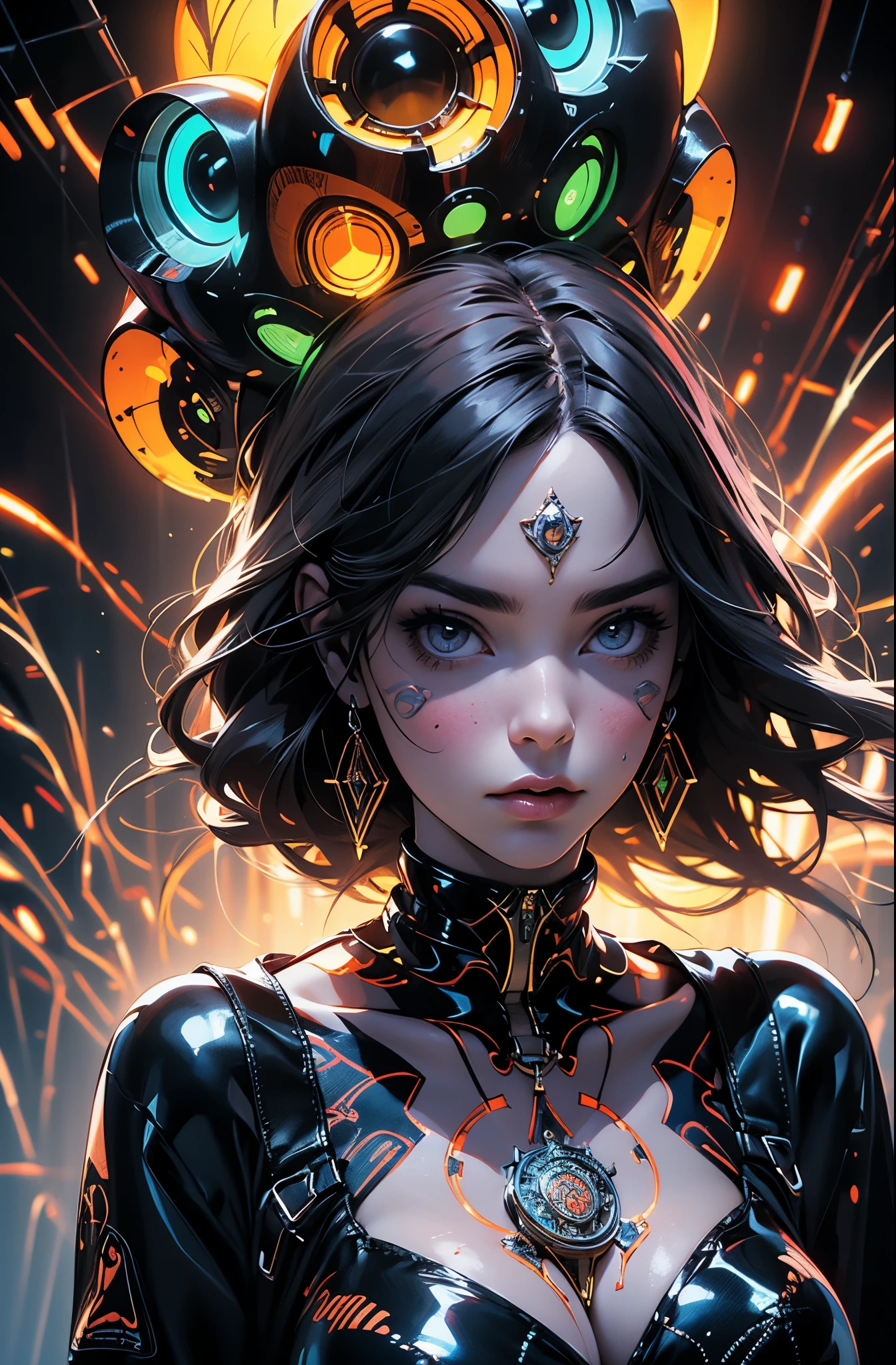 Centered, symmetrical, portrait official art, unity 8k wallpaper, ultra detailed, beautiful and aesthetic, masterpiece, best quality, (zentangle, mandala, tangle, entangle), (fractal art:1.3) , 1girl, extremely detailed, dynamic angle, vivid colours, romanticism, atmospheric, ecstasy of musical notes, streaming musical notes visible. Luminous light. Luminous, 4K, highly detailed Cyberpunk alley at night.