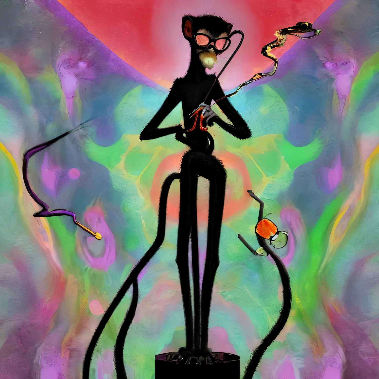 Nft of 1 spider monkey smoking cigarette with glasses with psychedelic background