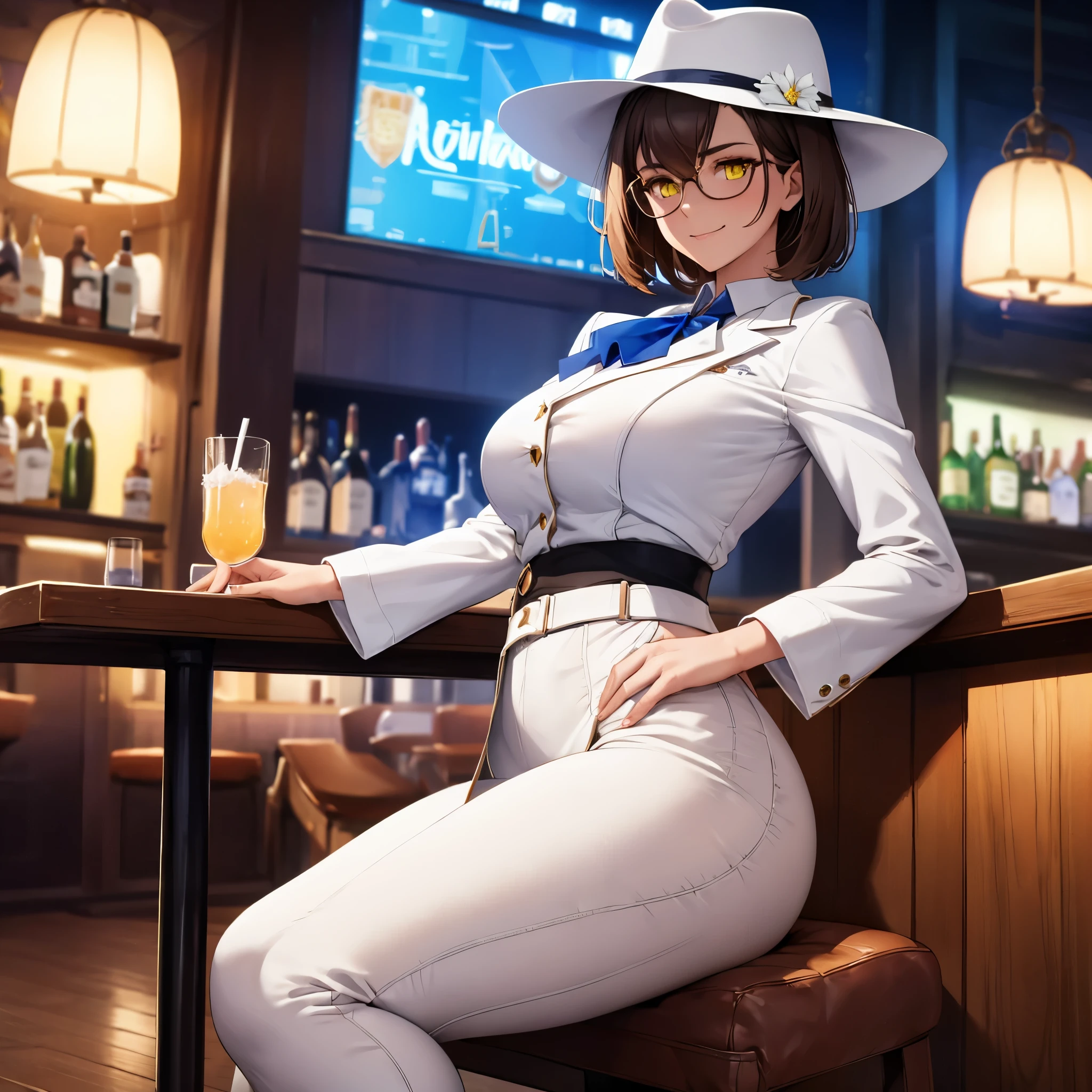 A woman wearing a white suit, white pants, blue shirt, white women's shoes, white cowboy hat, sunglasses, short brown hair, smiling, in a bar at night, luxurious lighting, benches, table, drink in the background, yellow eyes, blur effect deep, big chest..HDR, ultra resolution, well defined, masterpiece, 8K HD. (solo woman)
