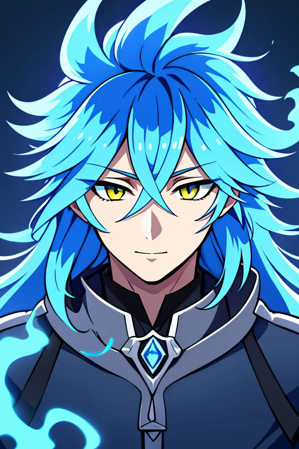 (high-quality, breathtaking),(expressive eyes, perfect face) portrait, halfbody shot, 1boy, male, solo, teenager, Symmetrical Eyes, , yellow color eyes, long hair length, spiky flowy hair, soft smile, side bangs, looking at viewer, happy expression, blue hair color, modern clothing, grey background, blue flame hair, blue fire, Idia Shroud character