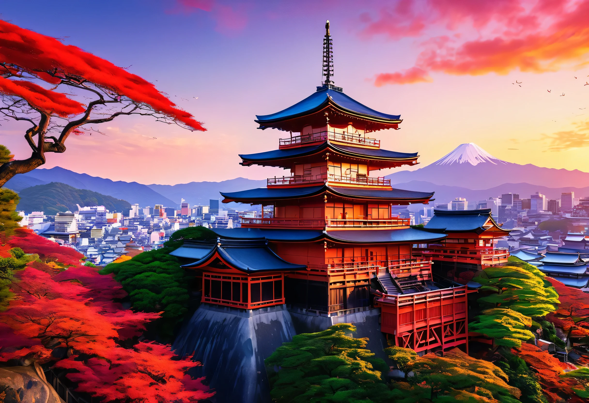 Kiyomizu-dera Temple bathed in vibrant colors in Kyoto with a vibrant sunset in the background, Digital painting inspired by Charles Bird King, Shutterstock, Fantasy art, Colorful 8 k, colorful hd images, Highly detailed digital art in 4K, Beautiful art UHD 4K, Beautiful and colorful, Colorful temple, Colorful 4K, beautiful colorful, colorful trees々, Vibrant and realistic colors