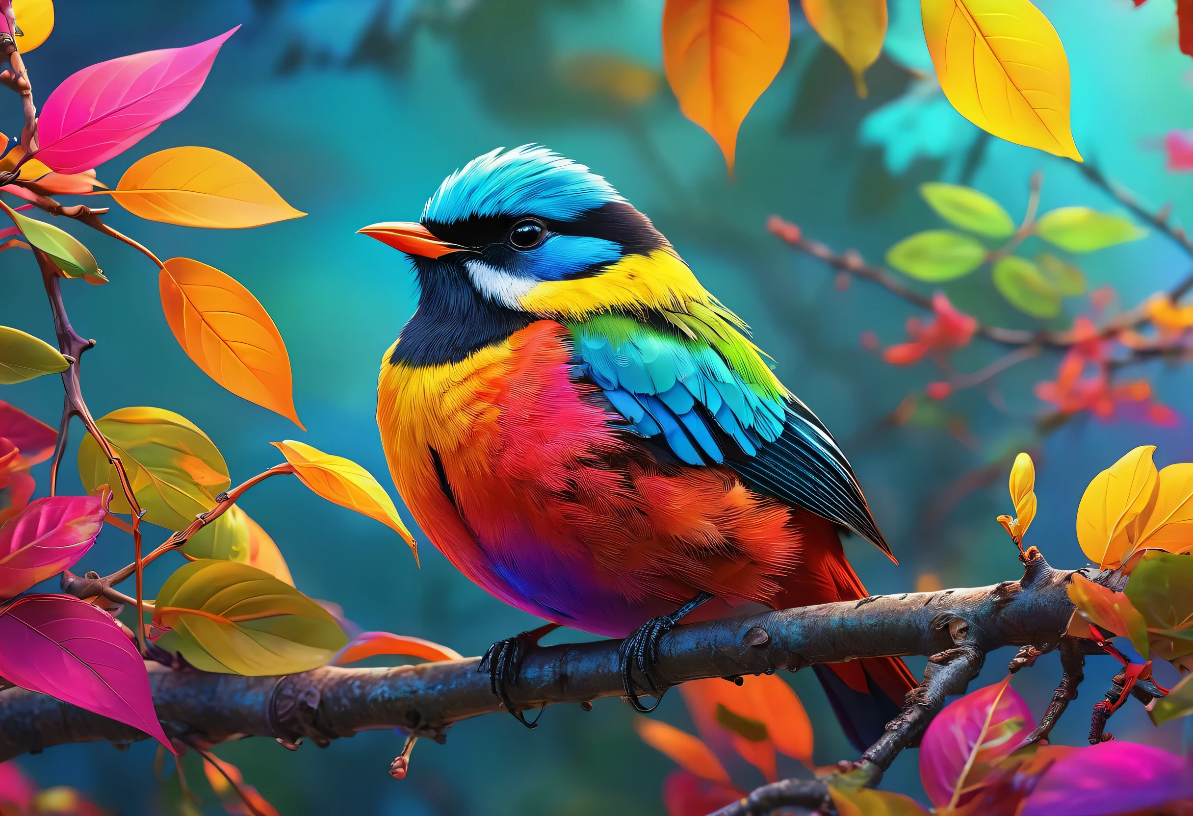 Brightly colored bird perched on a branch with leaves in the background, Digital painting inspired by Charles Bird King, Shutterstock, Fantasy art, Colorful 8 k, colorful hd images, Highly detailed digital art in 4K, Beautiful art UHD 4K, Beautiful and colorful, Long colorful bird, Colorful 4K, beautiful colorful, Multicolored birds, Vibrant and realistic colors