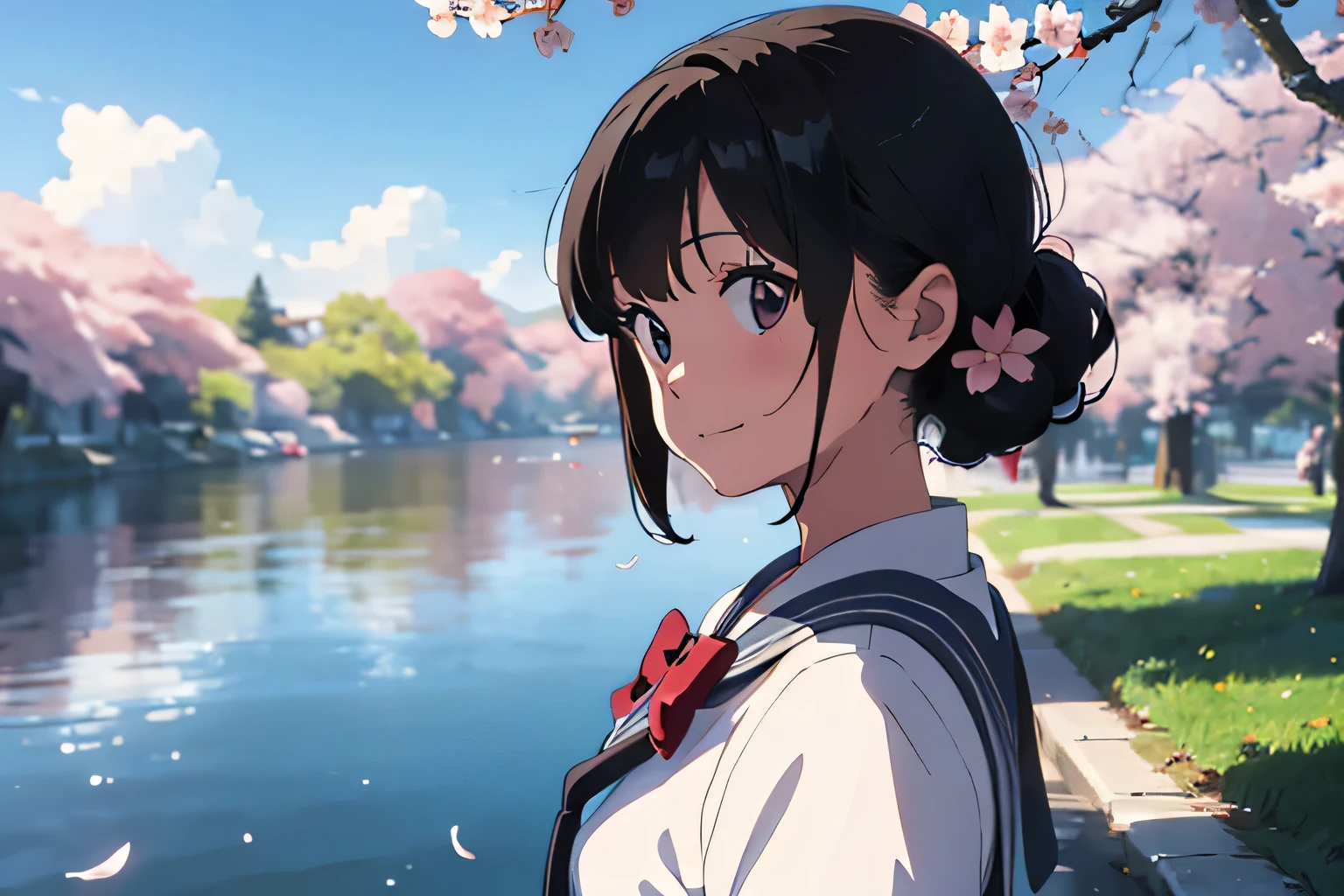 With cherry blossoms in full bloom in the background、An 18-year-old woman with a G-cup bust smiling and looking straight ahead、Short-sleeved sailor uniform、dark brown long-haired、Petals fluttering down, hair blowing in the wind、A river with floating petals flowing through a park and blue sky in the background