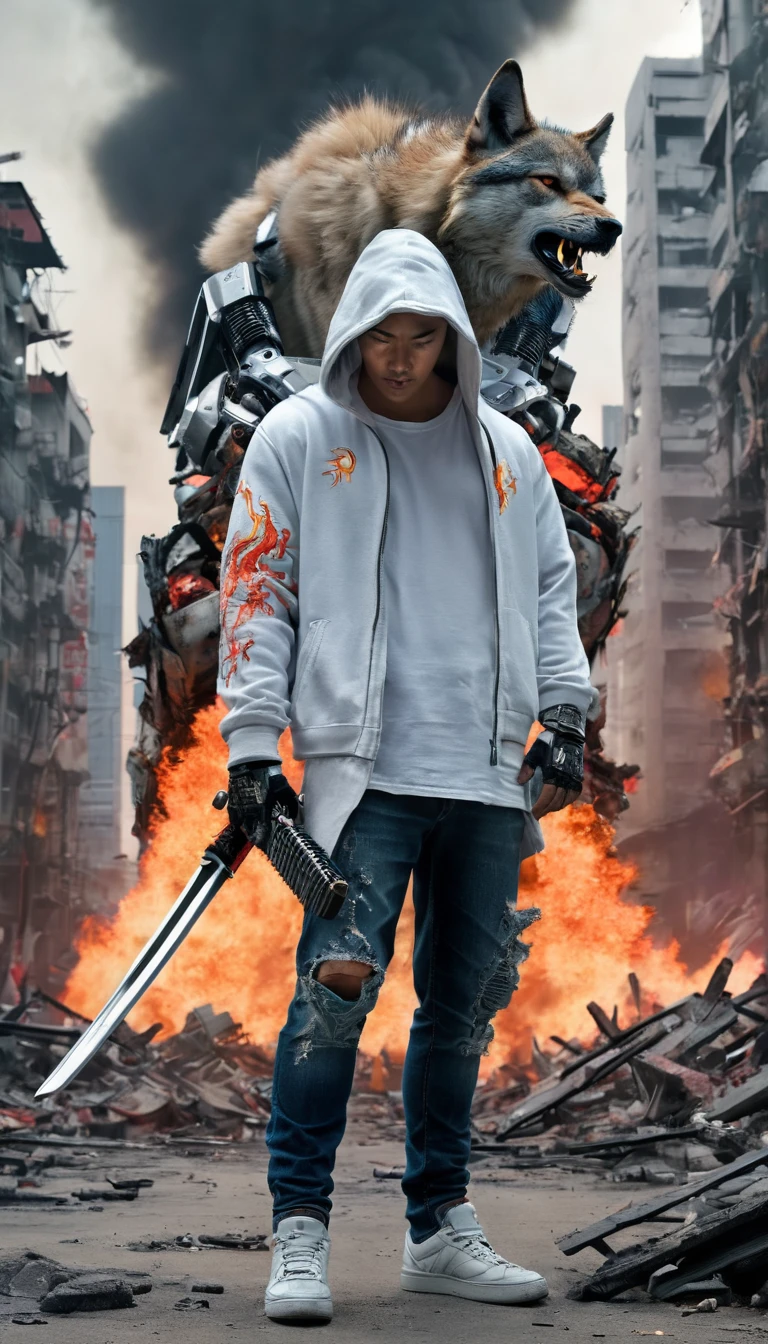 masterpiece, top, very realistic, very detailed, original photo, a white asian man, wearing a Hoodie (((bright color))), ripped skinny jeans, Jordan shoes, facing front, undercut hair, tattooed, standing in front of a cyborg wolf-like giant (((carrying a flaming katana))), facing the camera, cyborg looks very large towering, background of destroyed city, war zone, explosion, billowing smoke, towering destroyed buildings, robots,, hard edge lighting , professional. full body, frontal, face details, finger details, cyborg details, background details, 32K ultraHD resolution, HDR, 800mm lens, realistic, hyperrealistic, photography, professional photography, immersive photography, ultra HD, very high quality, best quality, HDR photos , photo focus, original photo, ultra sharp, nature photo, masterpiece, award winning, taken with hasselblad x2d.