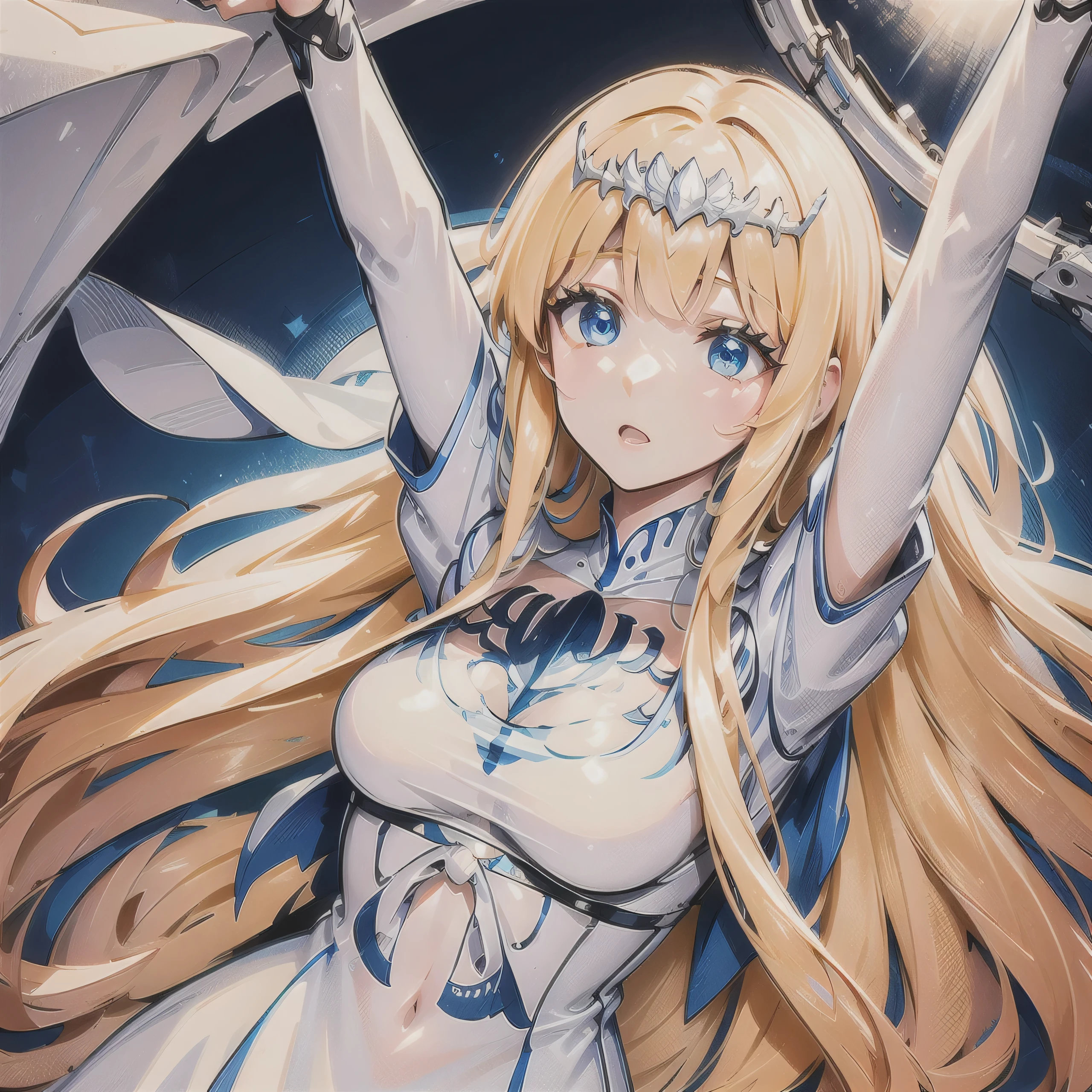 hands down, arms down, hands not showing, 1girl,solo, Calca, Calca Bessarez, blonde hair, extremely long hair, very long hair, white tiara, silver tiara, white dress, blue eyes, medium chest