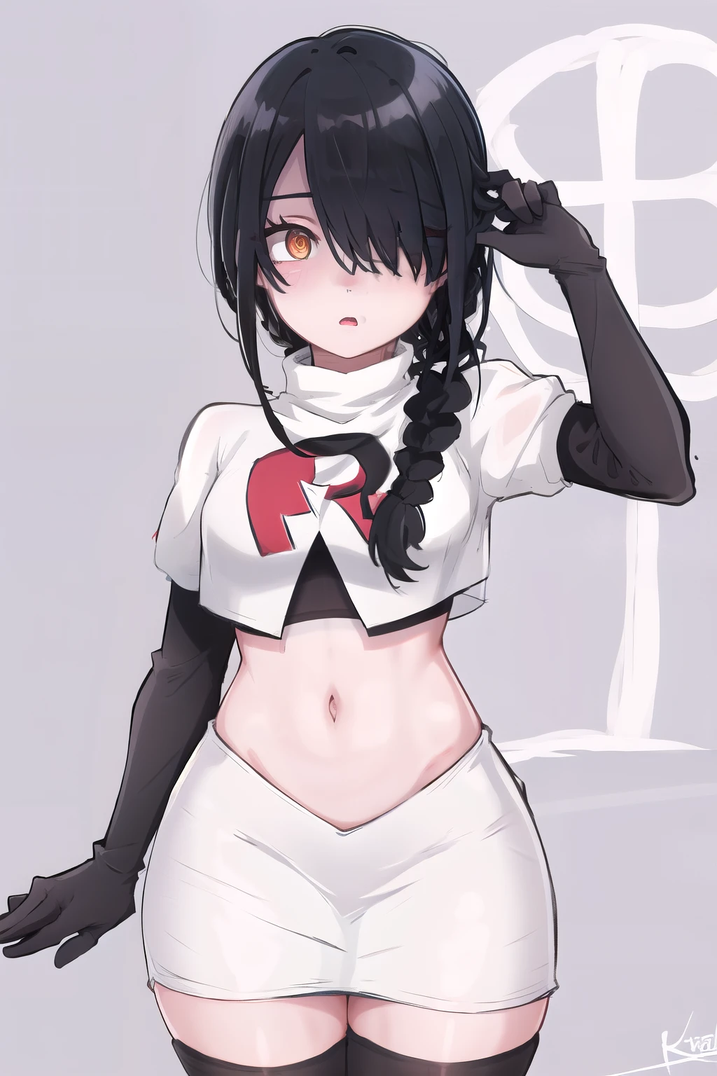 nayuta, ringed eyes, red eyes, single braid, (hair over one eye), black hair, looking at viewer, :o, blush, simple background, team rocket,team rocket uniform,white skirt,red letter R,crop top,black thigh-highs,black elbow gloves