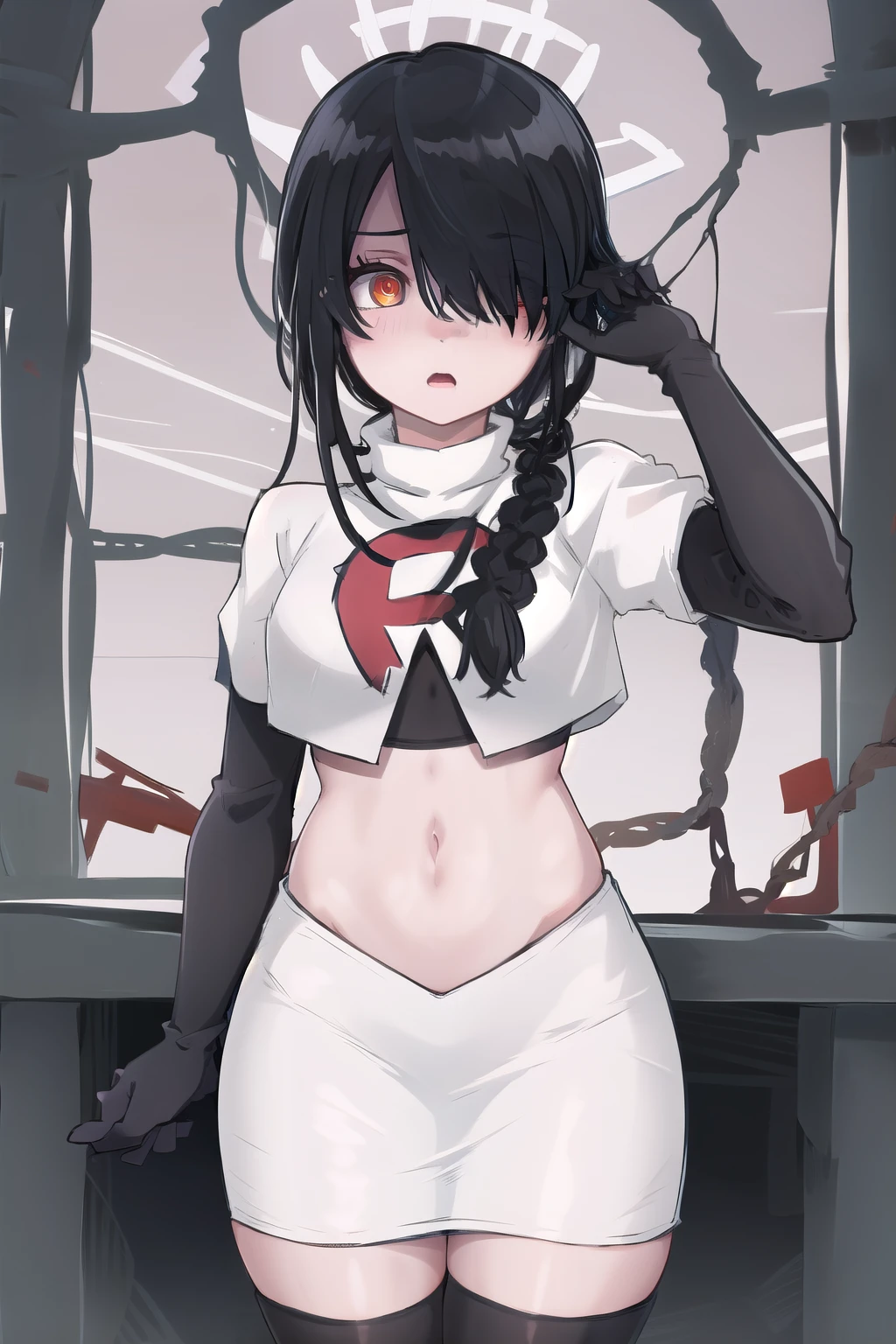 nayuta, ringed eyes, red eyes, single braid, (hair over one eye), black hair, looking at viewer, :o, blush, simple background, team rocket,team rocket uniform,white skirt,red letter R,crop top,black thigh-highs,black elbow gloves