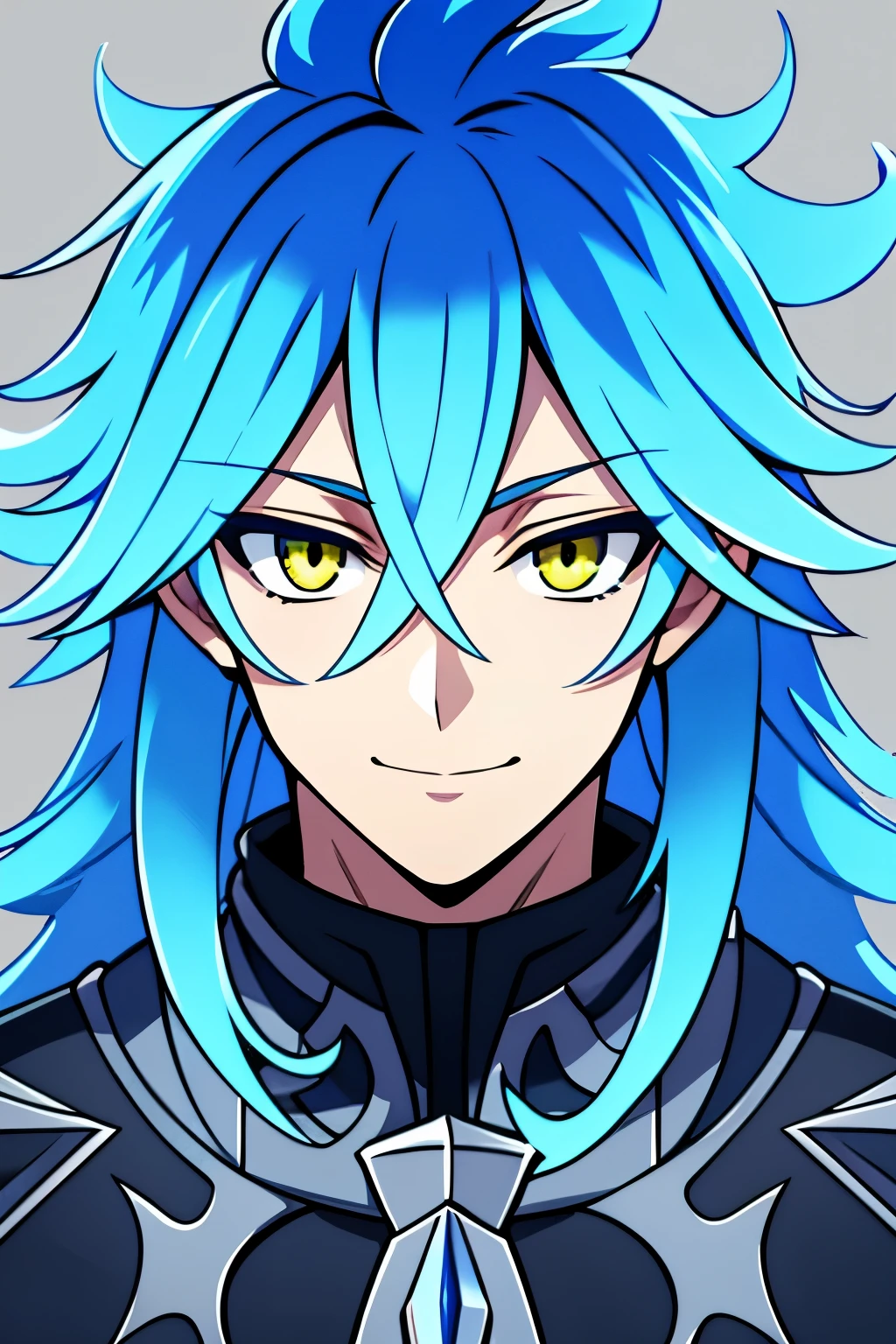 (high-quality, breathtaking),(expressive eyes, perfect face) portrait, halfbody shot, 1boy, male, solo, teenager, Symmetrical Eyes, age 16, yellow color eyes, long hair length, spiky flowy hair, soft smile, side bangs, looking at viewer, happy expression, blue hair color, modern clothing, grey background, blue flame hair, blue fire, Idia Shroud character
