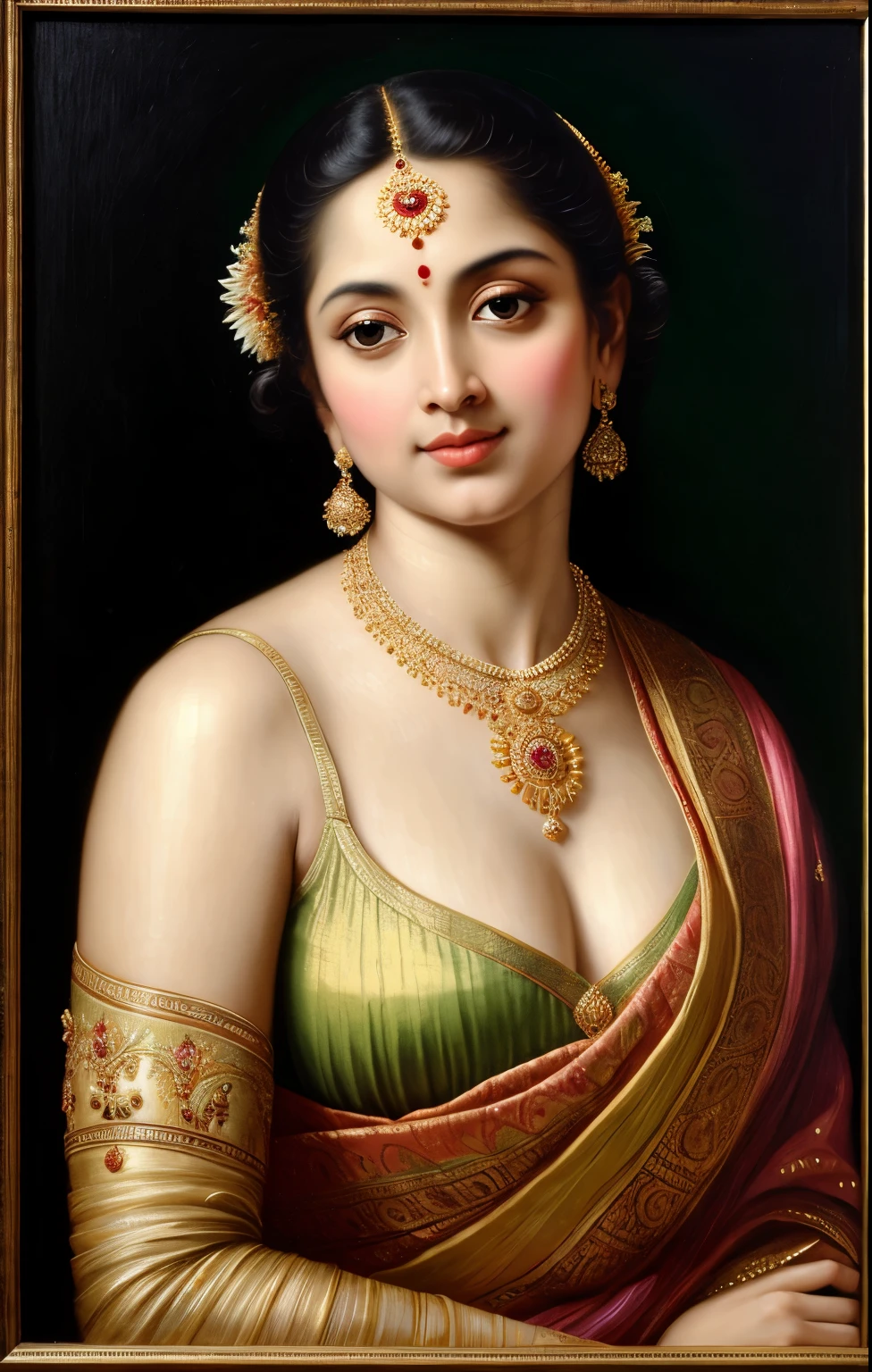 Beautiful Indian Woman, wearing saree, sari Beauty, gorgeous, Apsara, Maharani, royal queen woman, nymph from Hindu Mythology, Urvashi, matchless beauty, Highly detailed, Oil Painting by Peter Paul Rubens inspired by Raja Ravi Varma, Matchless beauty, captivating, gorgeous, heavenly beauty, celestial beauty, by Peter Paul Rubens, 13, realistic, hyper realistic, micro details, incredible artwork, insane details, ultra High resolution, 8k, 32k, acrylic on canvas, intricate, flawless, detailed, detailed face, detailed eyes, masterpiece, by Peter Paul Rubens, by Caravaggio, by William Adolphe bouguereau, perfect face, perfect body, beautiful art, realism, baroque, renaissance Art, highly textured, beautiful and detailed eyes, uhd, best quality,