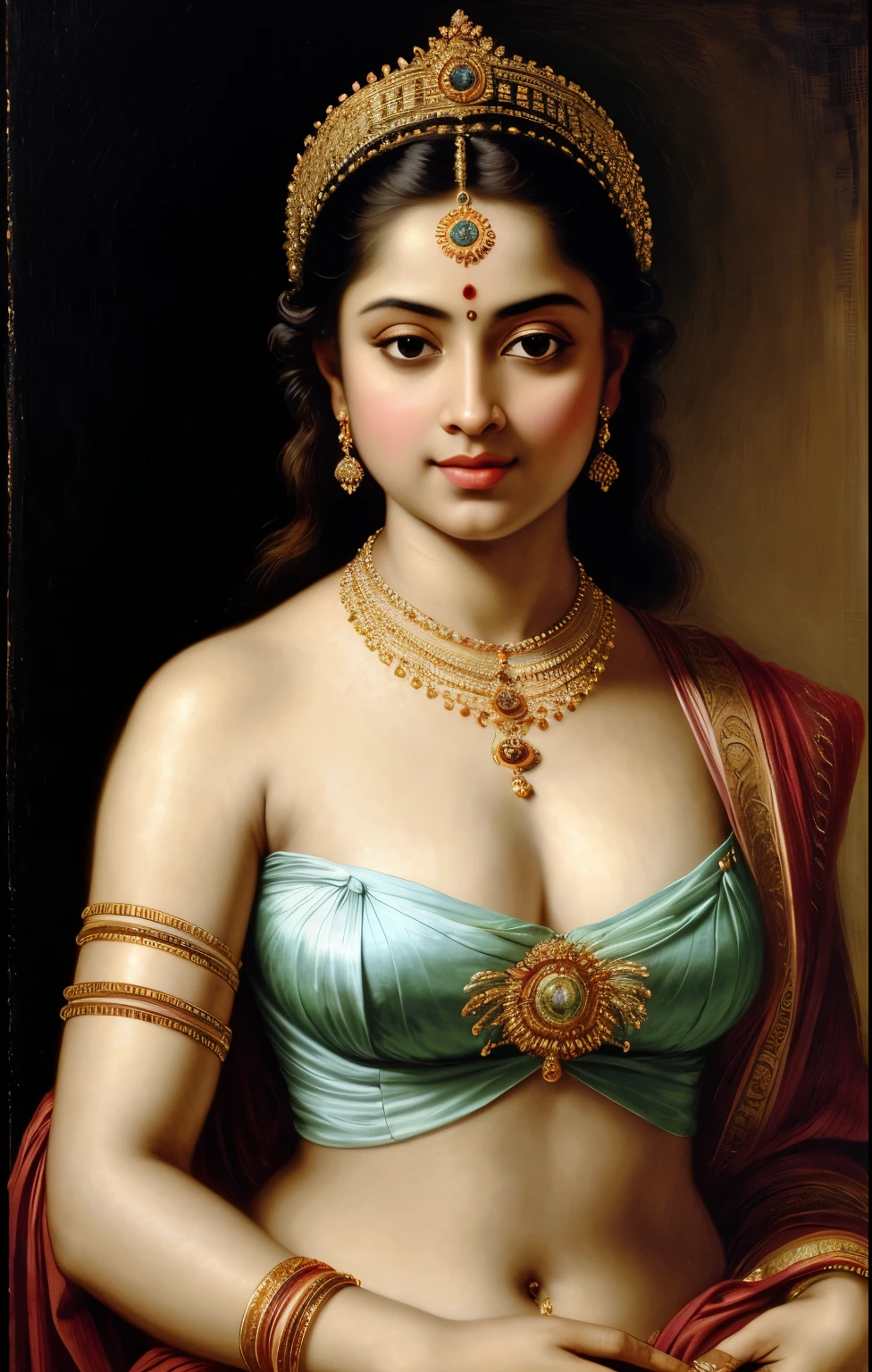 Beautiful Indian Woman, wearing saree, sari Beauty, gorgeous, Apsara, Maharani, royal queen woman, nymph from Hindu Mythology, Urvashi, matchless beauty, Highly detailed, Oil Painting by Peter Paul Rubens inspired by Raja Ravi Varma, Matchless beauty, captivating, gorgeous, heavenly beauty, celestial beauty, by Peter Paul Rubens, 13, realistic, hyper realistic, micro details, incredible artwork, insane details, ultra High resolution, 8k, 32k, acrylic on canvas, intricate, flawless, detailed, detailed face, detailed eyes, masterpiece, by Peter Paul Rubens, by Caravaggio, by William Adolphe bouguereau, perfect face, perfect body, beautiful art, realism, baroque, renaissance Art, highly textured, beautiful and detailed eyes, uhd, best quality,