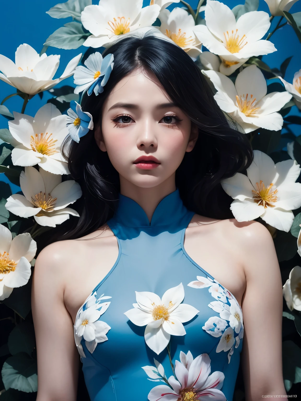 chiaroscuro technique on sensual illustration of an elegant , retro and vintage ,silky flower around body, matte painting, by Hannah Dale, by Harumi Hironaka, extremely soft colors, Blue and white porcelain,Ceramic material,femele,Embossed petals,artwork of a,Long hair, circle eyes, shadowing, anaglyph, stereograms, angle of view, Atmospheric perspective, 8K, Super detail, ccurate, Best quality