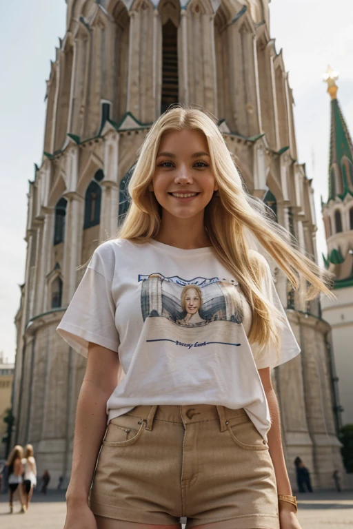 Girl with blond flowing hair, long eyelashes, big eyes, wearing a white T-shirt and beige shorts, 30 years old height 180 cm, smiling, stands opposite the Moscow Kremlin, admires the beauty of the tower and the chimes.