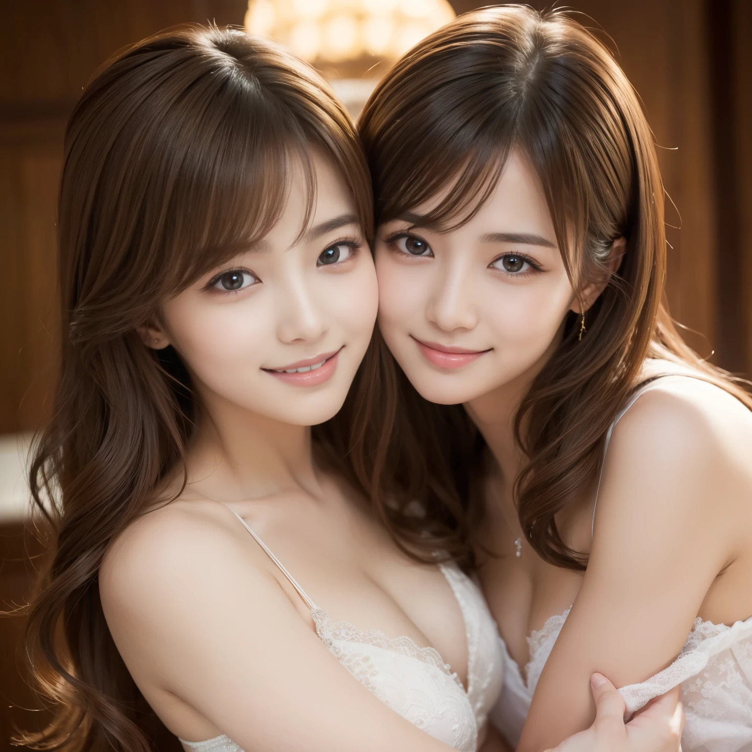 (2girl:1.3), gorgeous beautiful & elegant, (beautiful portrait of two women:1.25), (best quality, masterpiece:1.2), (photorealistic:1.2), 16K, absurdres, beautiful eyes, (light brown hair, random hair style), (hug each other:1.2), (seductive smile:1.2), (dynamic lighting), (upper body), highly detailed, (close-up:1.1), Attractive 2 Japanese woman Pictures, 19 yeas old, 