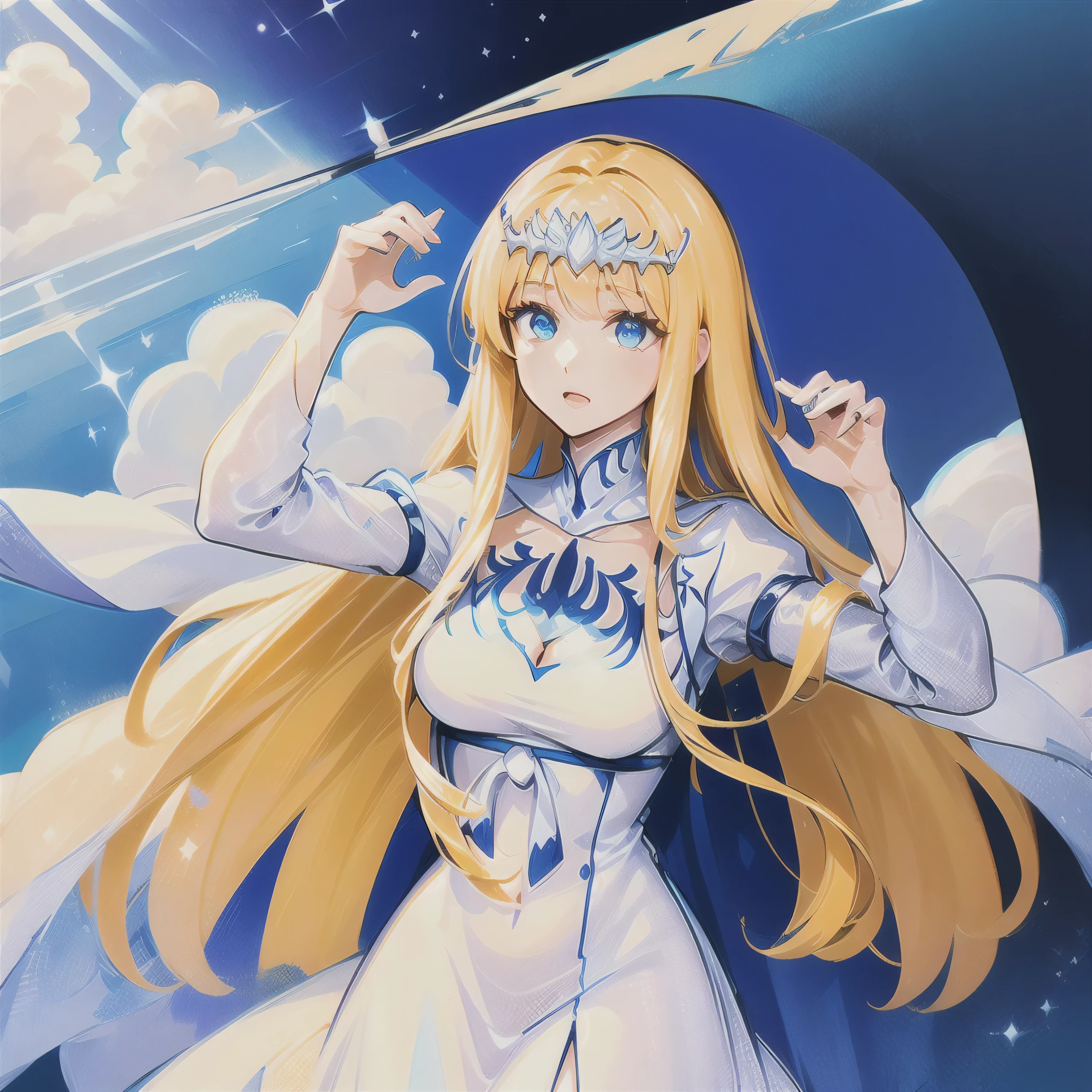 hands down, arms down, hands not showing,  1girl,solo, Calca, Calca Bessarez, blonde hair, extremely long hair, very long hair, white tiara, silver tiara, white dress, blue eyes, medium chest