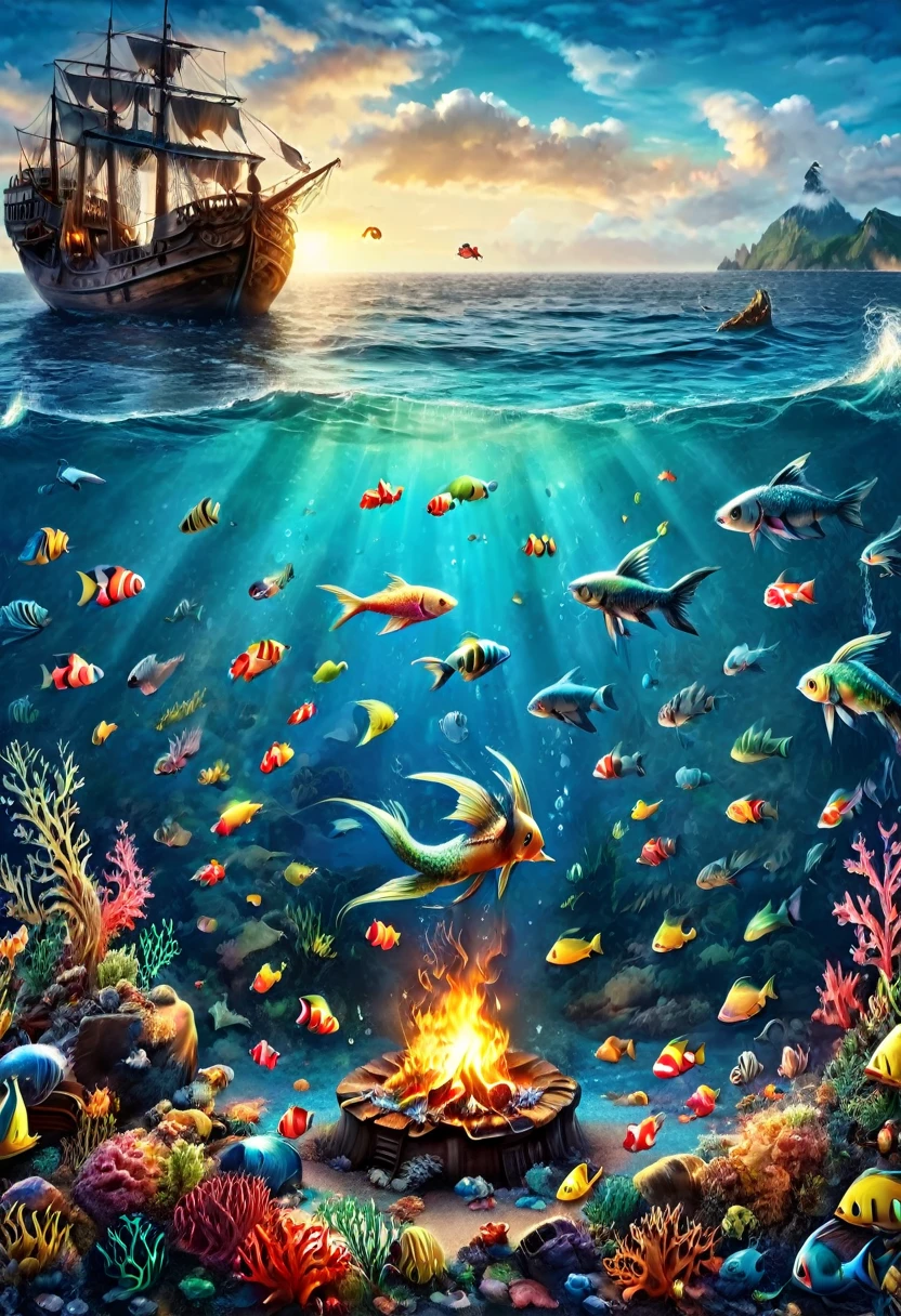 #quality(8k,wallpaper of extremely detailed CG unit, ​masterpiece,hight resolution,top-quality,top-quality real texture skin,hyper realisitic,increase the resolution,RAW photos,best qualtiy,highly detailed,the wallpaper,cinematic,golden ratio), BREAK ,many beautiful marmaids are sitting in a circle at ocean floor and watching the campfire at ocean floor,#background(beautiful deap ocean,beautiful ocean floor,many fishes),landscape,long shot, wide shot,