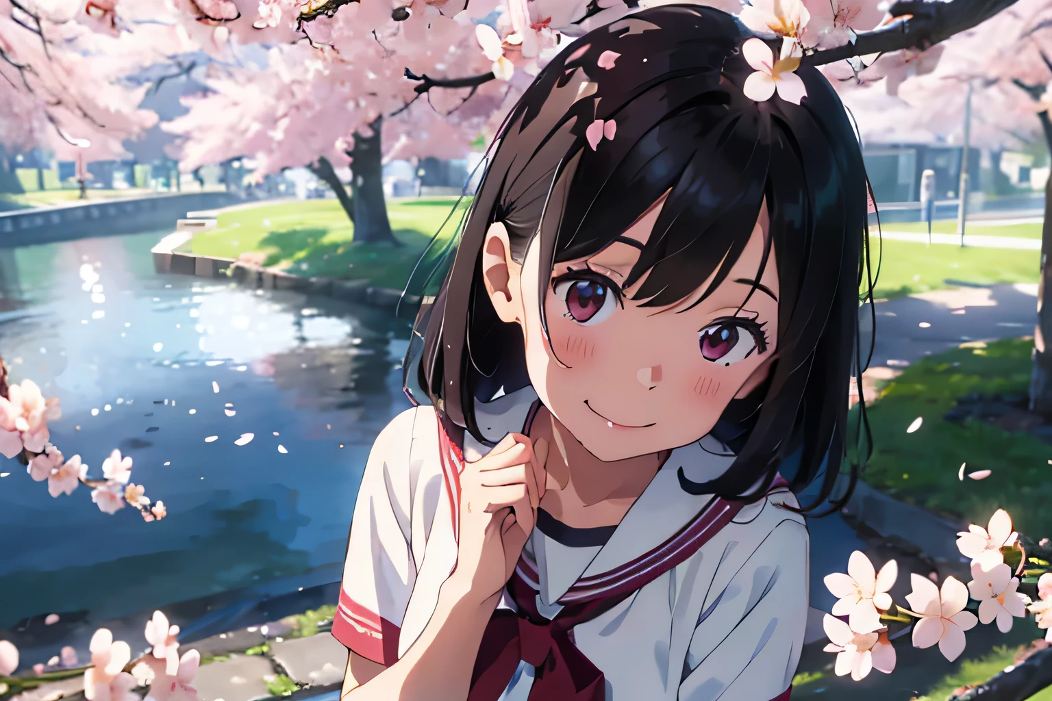 With cherry blossoms in full bloom in the background、An 18-year-old woman tilting her head and smiling、Short-sleeved sailor uniform、Dark brown long hair、Extend your right hand to the side、My gaze is on the fingertips of your outstretched hand、Petals flutter