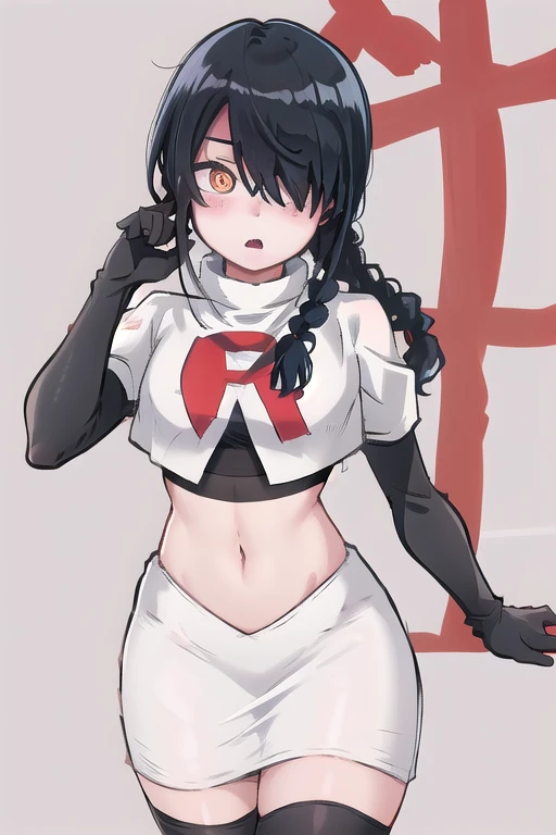 nayuta, ringed eyes, red eyes, single braid, (hair over one eye), black hair, looking at viewer, :o, blush, simple background, team rocket,team rocket uniform,white skirt,red letter R,crop top,black thigh-highs,black elbow gloves