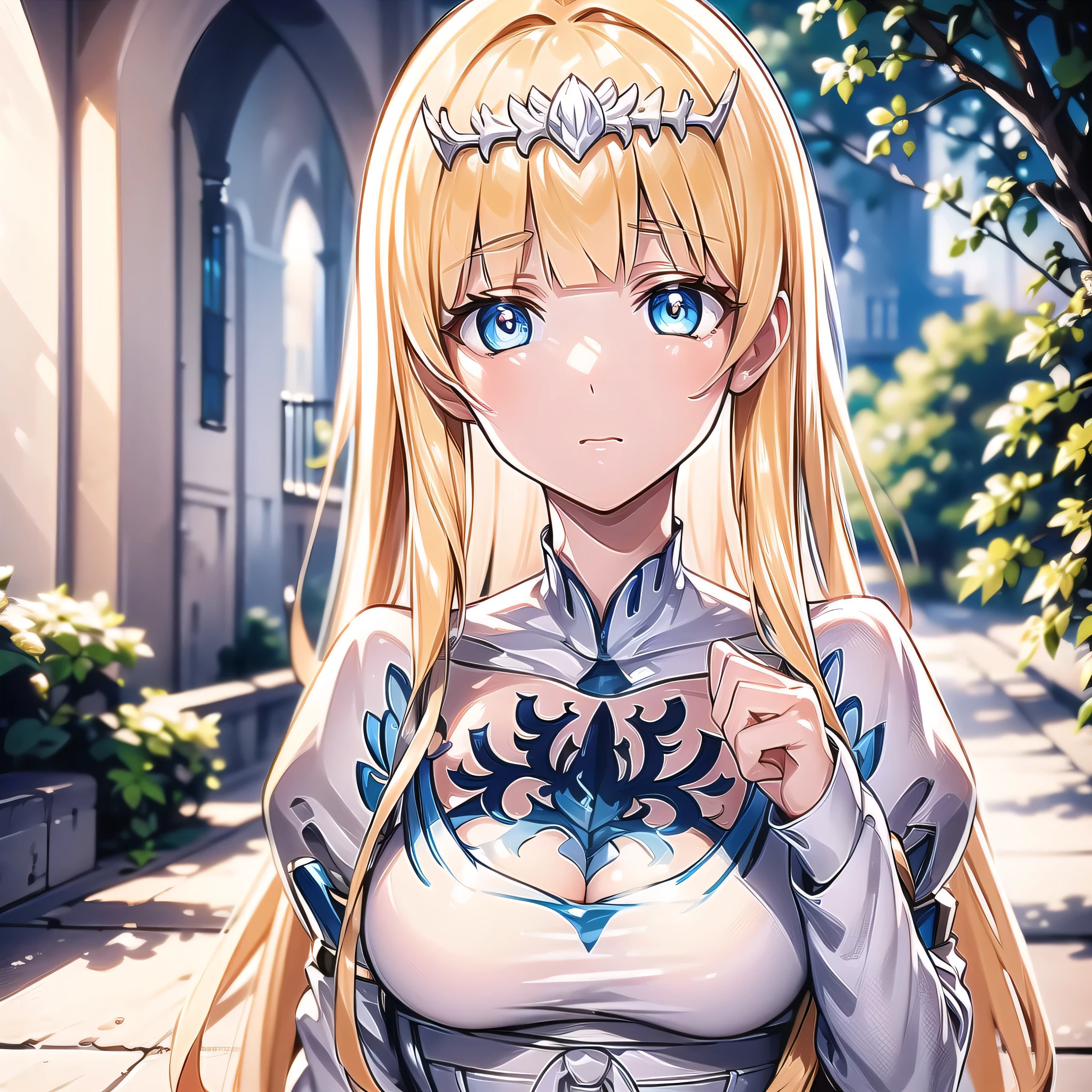 , blush,, cleavage, 
BREAK looking at viewer,
BREAK outdoors, castle,
BREAK (masterpiece:1.2), best quality, high resolution, unity 8k wallpaper, (illustration:0.8), (beautiful detailed eyes:1.6), extremely detailed face, perfect lighting, extremely detailed CG, (perfect hands, perfect anatomy), 1girl,solo, Calca, Calca Bessarez, blonde hair, extremely long hair, very long hair, white tiara, silver tiara, white dress, blue eyes, medium chest