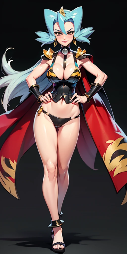 ((Clair)), pokemon, ((BLACK BACKGROUND 1:2, masterpiece)) 1solo female full body MILF BIMBO standing straight symmetrical with two long thighs and two metal sandals, red eyes like rubies, eye focus looking to the viewer, silver white hair, short bob style hair, big knockers breastplate, breastplate, cleavage, tiara royal, long cape up to two feet, yellow bikini (yellow tiger stripes), lustful smirking smiling, smile face (red blushed, red cheeks), pauldrons metal shoulders, gold sleeveless bracelets, separate sleeves, hands on waist hands OR hips, golden bracers, metal handcuffs, leather corset, red loincloth, black leather choker slave collar, shackles bracelets, slave red crest under navel, navel, big belt around waist OR hips, feet together, metal ankle, two long thighs and two metal sandals