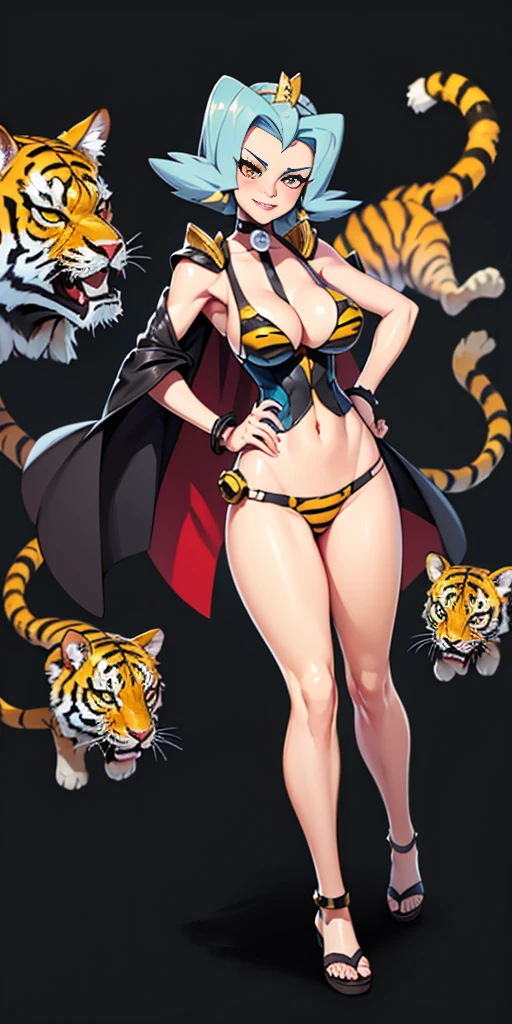 ((Clair)), pokemon, ((BLACK BACKGROUND 1:2, masterpiece)) 1solo female full body MILF BIMBO standing straight symmetrical with two long thighs and two metal sandals, red eyes like rubies, eye focus looking to the viewer, silver white hair, short bob style hair, big knockers breastplate, breastplate, cleavage, tiara royal, long cape up to two feet, yellow bikini (yellow tiger stripes), lustful smirking smiling, smile face (red blushed, red cheeks), pauldrons metal shoulders, gold sleeveless bracelets, separate sleeves, hands on waist hands OR hips, golden bracers, metal handcuffs, leather corset, red loincloth, black leather choker slave collar, shackles bracelets, slave red crest under navel, navel, big belt around waist OR hips, feet together, metal ankle, two long thighs and two metal sandals