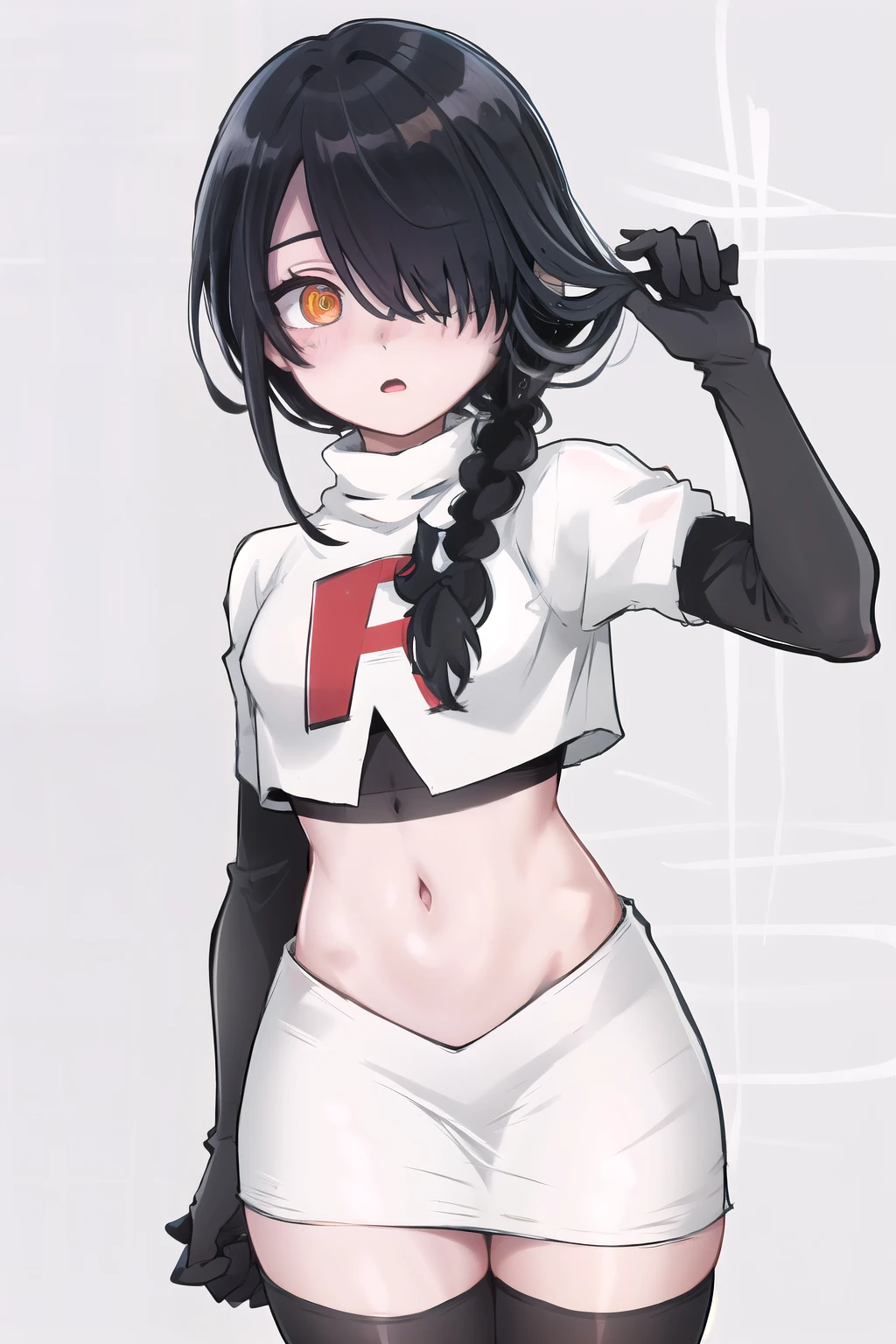 nayuta, ringed eyes, red eyes, single braid, (hair over one eye), black hair, looking at viewer, :o, blush, simple background, team rocket,team rocket uniform,white skirt,red letter R,crop top,black thigh-highs,black elbow gloves