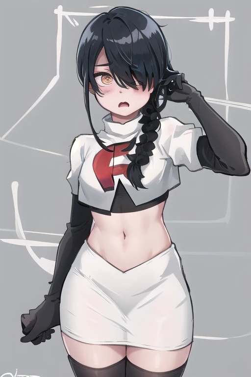 nayuta, ringed eyes, red eyes, single braid, (hair over one eye), black hair, looking at viewer, :o, blush, simple background, team rocket,team rocket uniform,white skirt,red letter R,crop top,black thigh-highs,black elbow gloves