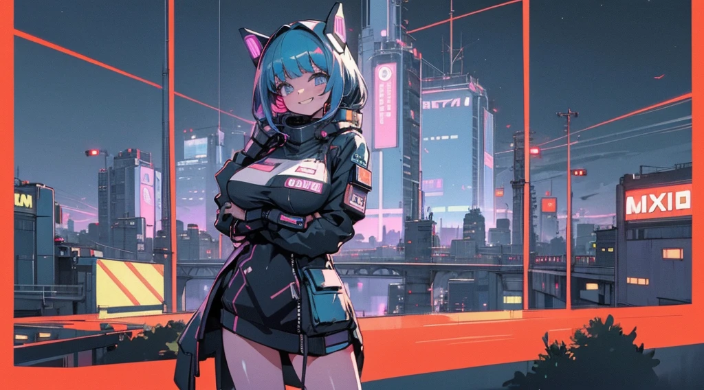 Best quality, (masterpiece:1.2), 1girl, night city wear, huge breast, perfect body, standing, smile, grinning expression, landscape is cyber punk city , at night , acid house, Lofi mix