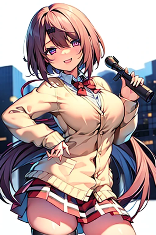 One girl.(Sniper),Pleated skirt,mini skirt,big breasts,smile,Cowboy Shot,