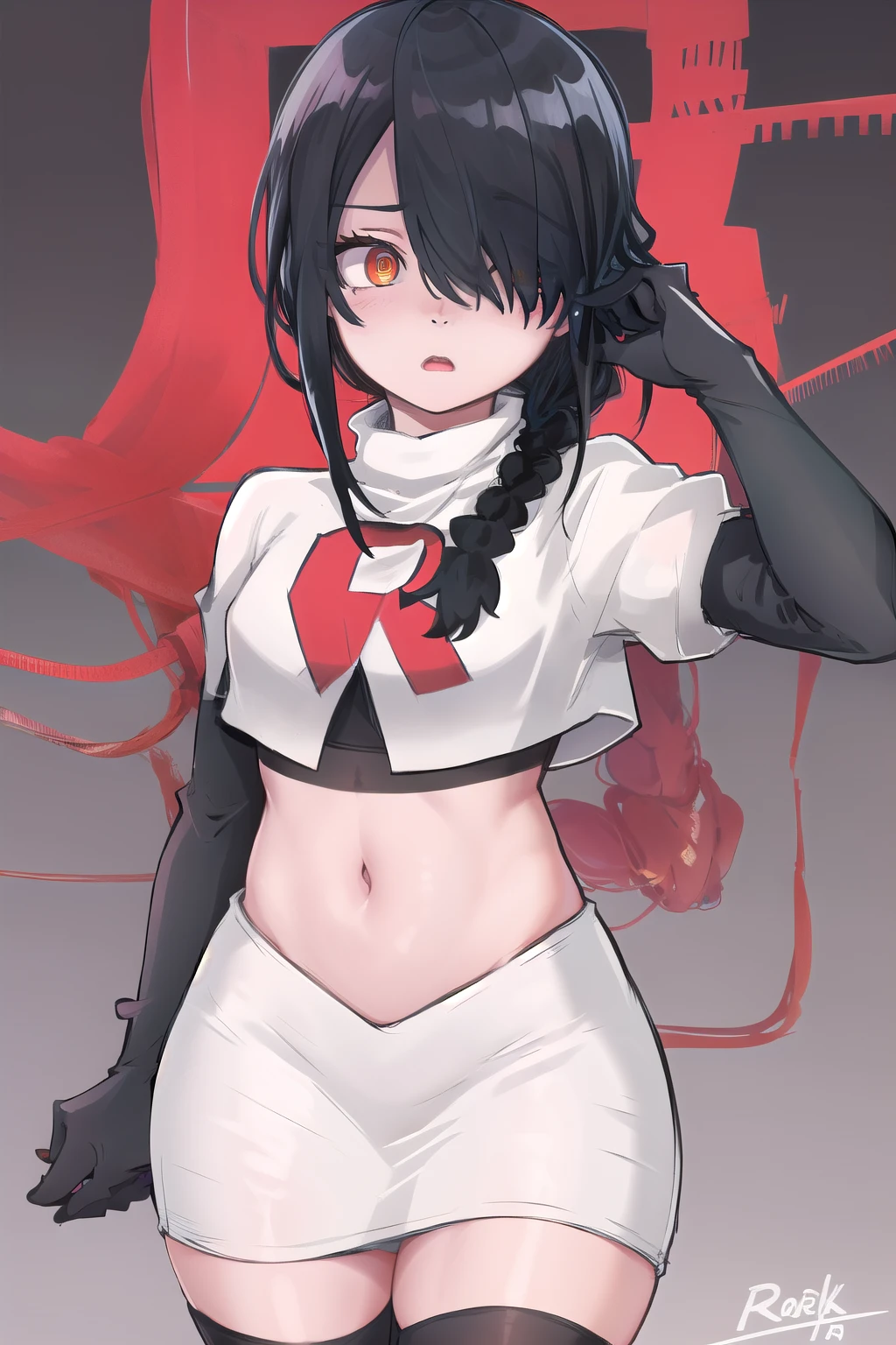 nayuta, ringed eyes, red eyes, single braid, (hair over one eye), black hair, looking at viewer, :o, blush, simple background, team rocket,team rocket uniform,white skirt,red letter R,crop top,black thigh-highs,black elbow gloves