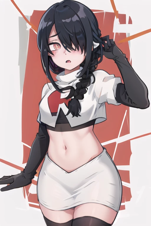 nayuta, ringed eyes, red eyes, single braid, (hair over one eye), black hair, looking at viewer, :o, blush, simple background, team rocket,team rocket uniform,white skirt,red letter R,crop top,black thigh-highs,black elbow gloves