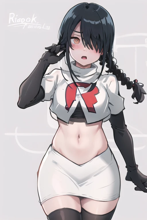 nayuta, ringed eyes, red eyes, single braid, (hair over one eye), black hair, looking at viewer, :o, blush, simple background, team rocket,team rocket uniform,white skirt,red letter R,crop top,black thigh-highs,black elbow gloves