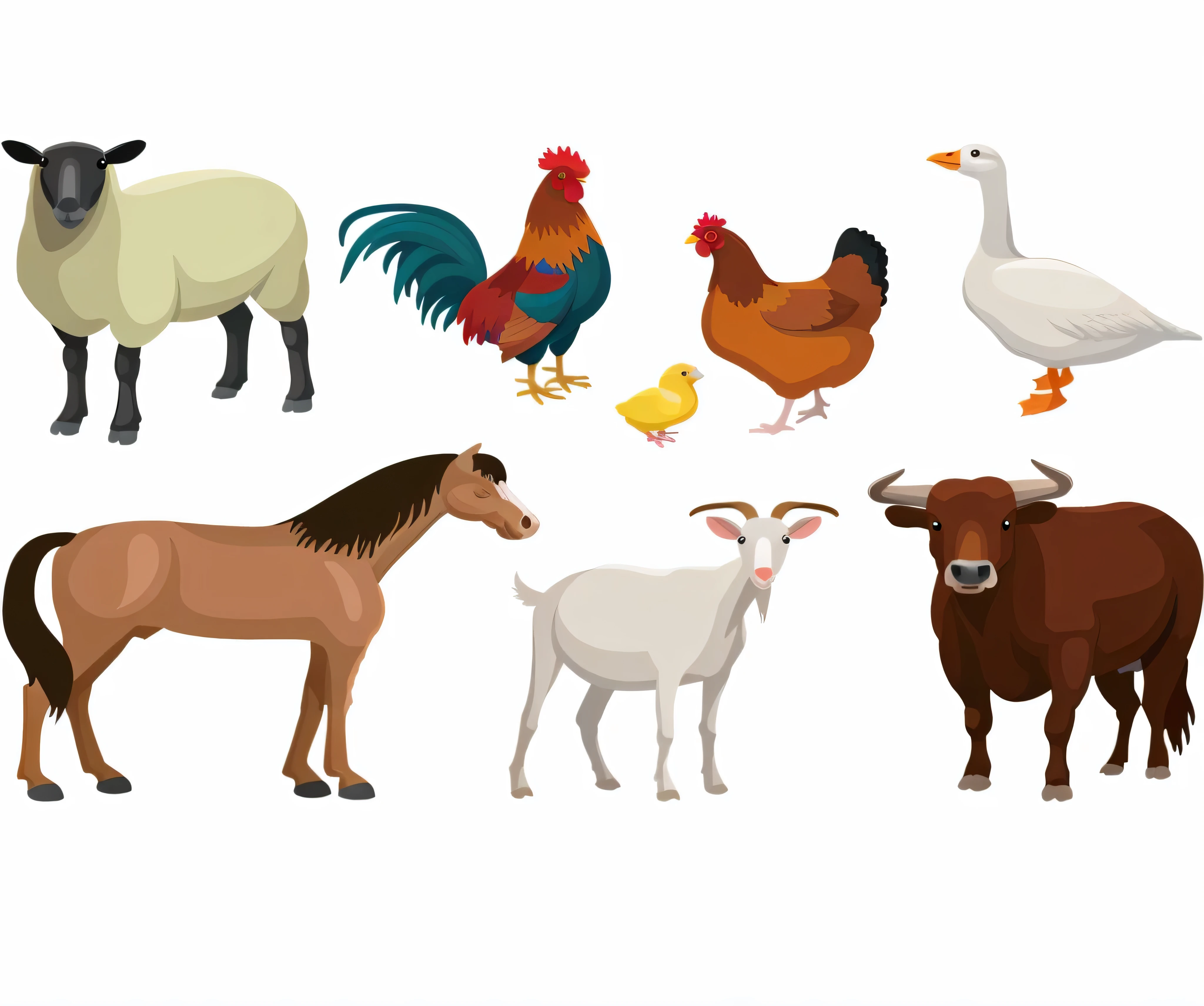 there are many different animals and birds that are standing together, various animals, illustrations of animals, mixture animal, on black background, hd illustration, farm, pet animal, animals, detailed beautiful animals, animals wildlife, animal, best on adobe stock, diverse species, illustration of a rooster, 2 animals, highly detailed animal, detailed 2d illustration, peaceful looking animals