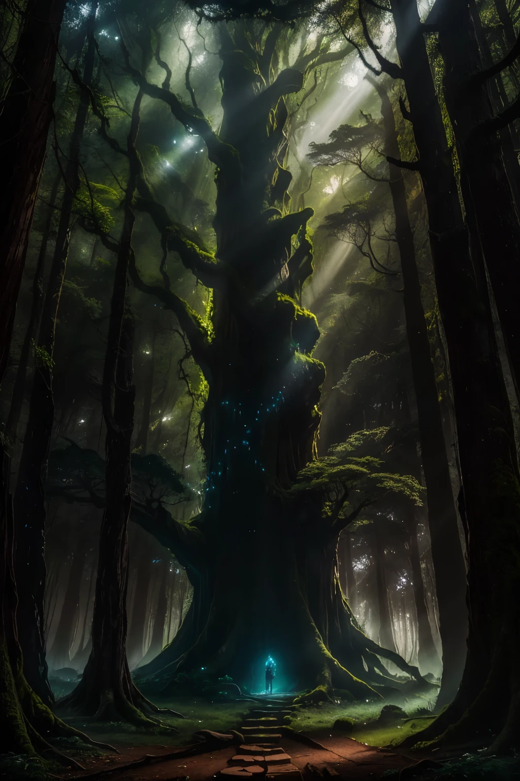 Imagine a captivating scene of a towering ancient tree, standing solitarily in the heart of a mystical forest during the tranquil night. The tree's massive trunk, adorned with intricate bark patterns, reaches up towards the boundless, clear night sky, its mighty branches stretching out like protective arms. The lush canopy of the tree glows softly with the ethereal light of the moon, casting gentle, dancing shadows on the forest floor below.

The cool, crisp air is filled with the fresh scent of earth and foliage, as the leaves shimmer with iridescent particles that catch the light rays filtering through the forest. The forest floor is blank