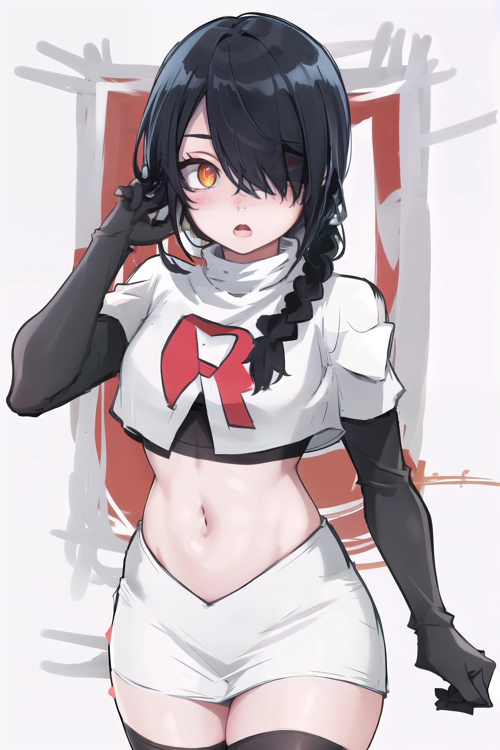 nayuta, ringed eyes, red eyes, single braid, (hair over one eye), black hair, looking at viewer, :o, blush, simple background, team rocket,team rocket uniform,white skirt,red letter R,crop top,black thigh-highs,black elbow gloves