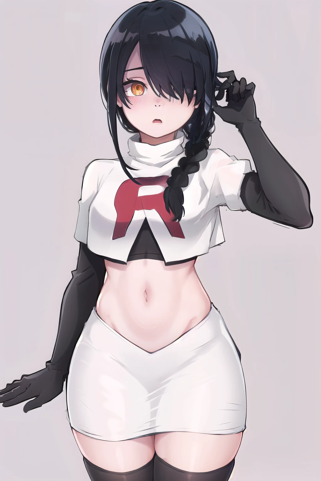 nayuta, ringed eyes, red eyes, single braid, (hair over one eye), black hair, looking at viewer, :o, blush, simple background, team rocket,team rocket uniform,white skirt,red letter R,crop top,black thigh-highs,black elbow gloves