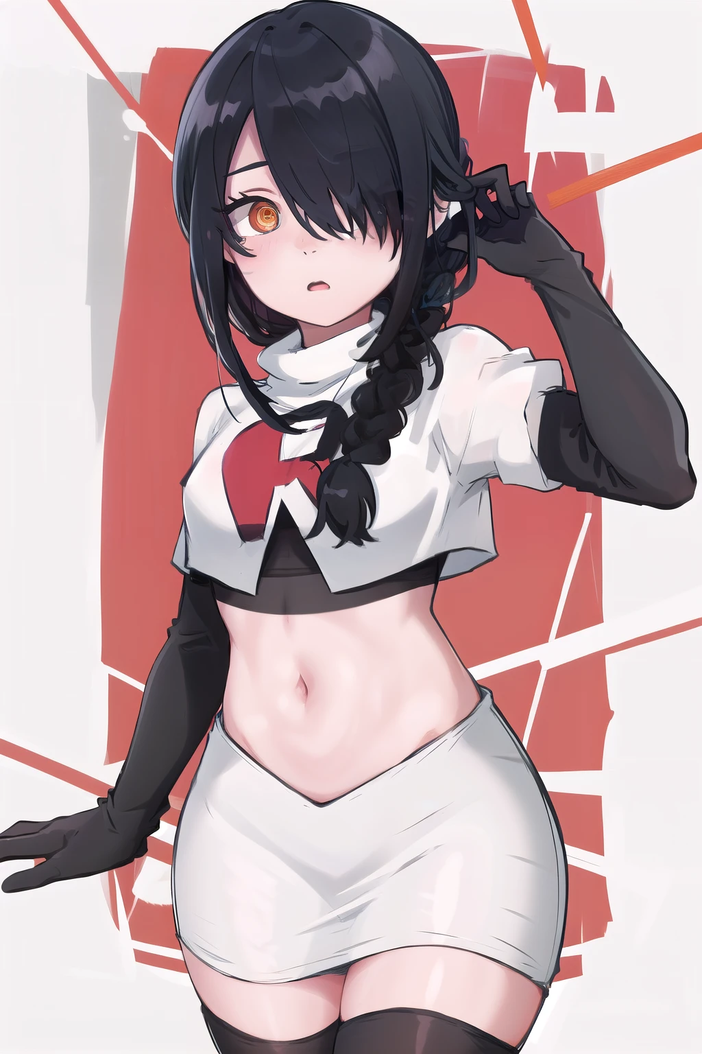 nayuta, ringed eyes, red eyes, single braid, (hair over one eye), black hair, looking at viewer, :o, blush, simple background, team rocket,team rocket uniform,white skirt,red letter R,crop top,black thigh-highs,black elbow gloves