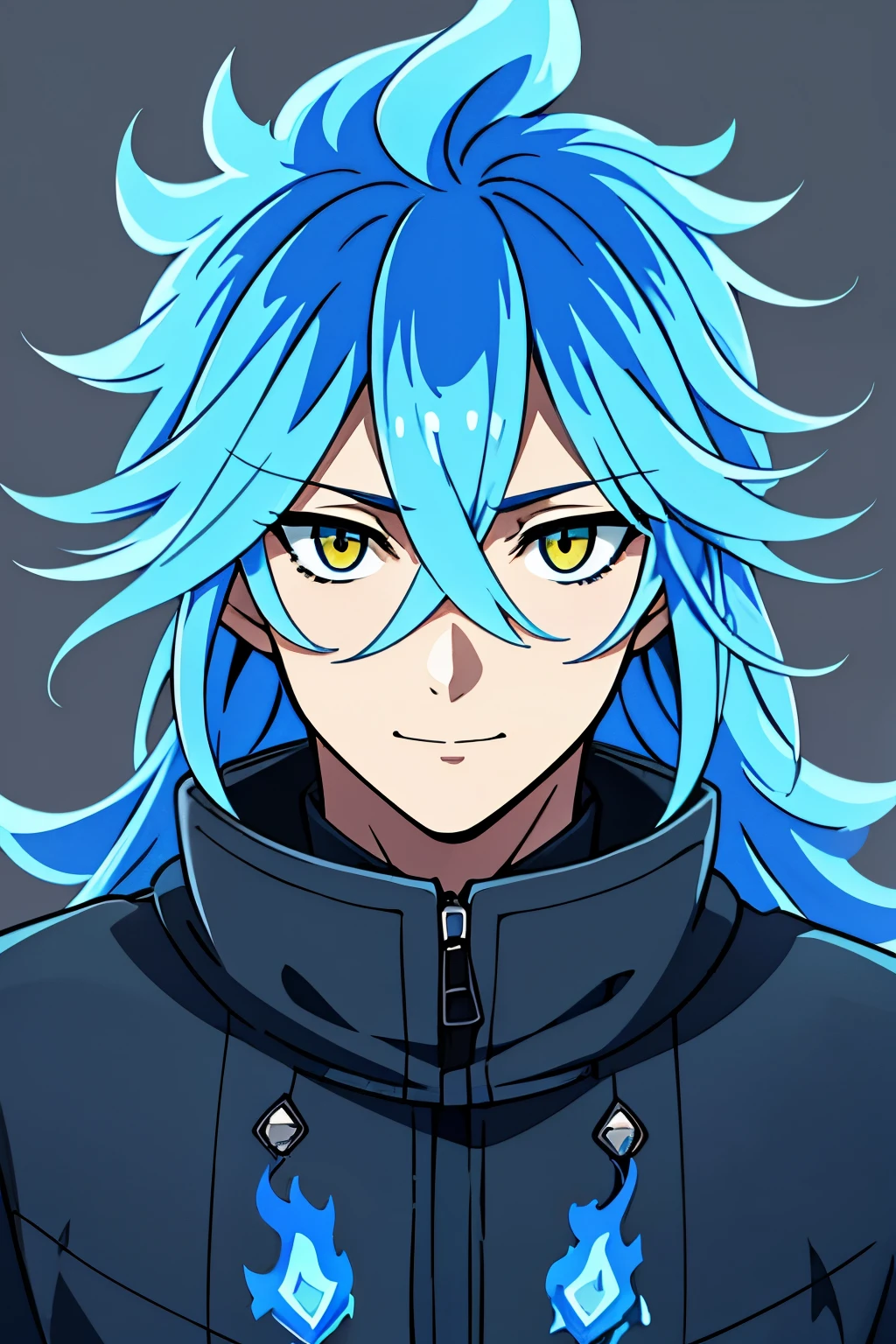 (high-quality, breathtaking),(expressive eyes, perfect face) portrait, halfbody shot, 1boy, male, solo, teenager, Symmetrical Eyes, , yellow color eyes, long hair length, spiky flowy hair, soft smile, side bangs, looking at viewer, happy expression, blue hair color, modern clothing, grey background, blue flame hair, blue fire, Idia Shroud character, hair on fire, blue flame like hair, black jacket, blue trim, blue embers in background
