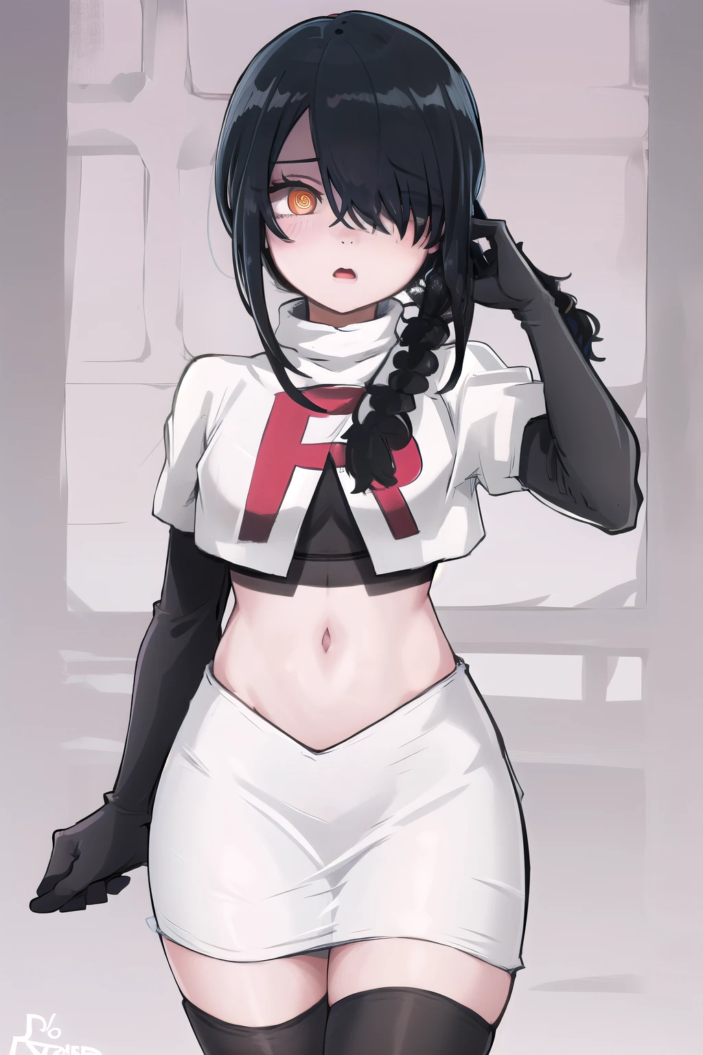 nayuta, ringed eyes, red eyes, single braid, (hair over one eye), black hair, looking at viewer, :o, blush, simple background, team rocket,team rocket uniform,white skirt,red letter R,crop top,black thigh-highs,black elbow gloves