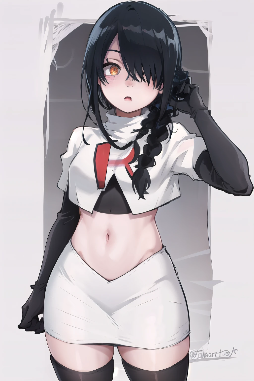 nayuta, ringed eyes, red eyes, single braid, (hair over one eye), black hair, looking at viewer, :o, blush, simple background, team rocket,team rocket uniform,white skirt,red letter R,crop top,black thigh-highs,black elbow gloves