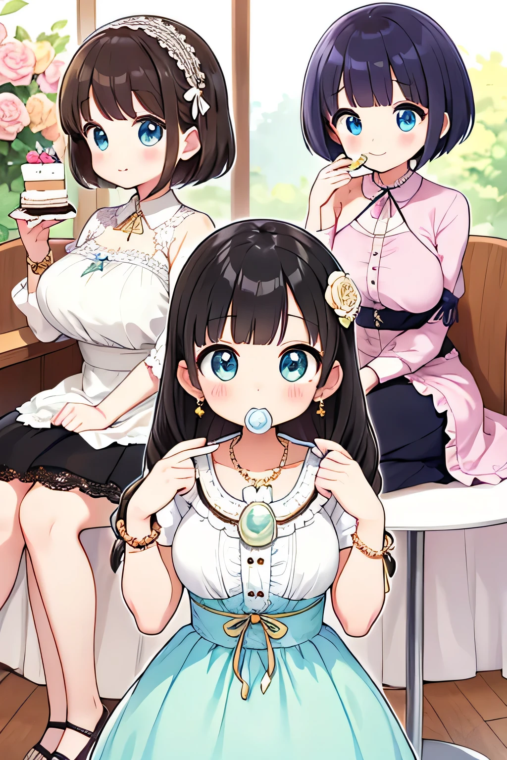 (highest quality:1.4)、High resolution、Detailed Background、(Detailed beautiful face:1.4)、Anatomically correct、(Depict the normal number of fingers:1.2)、(Detailed facial expressions)、Realistic、Beautiful fingers、Beautiful, smooth skin、age beauty、(Huge breasts:1.3)、Perfect body line、brown hair、Black Hair、bob hair、Long Hair、Cowboy Shot、
Happy expression、Calm atmosphere、Upper Body、Tea time at the cafe、(Three women chatting in a cute cafe while tasting cakes and sweets:1.5)、
Choose a feminine dress with floral or lace patterns.、
Dresses with muted color palettes or soft colors、
Choose heeled pumps or flat shoes to match your dress and make it more feminine.、
Wearing a light cardigan or bolero over a dress will give you a classy and cute look.、
Choose an elegant blouse made from silk or chiffon、
We recommend designs with lace or ribbon on the neckline or cuffs.、
Pairing a blouse with a midi-length flared skirt or pleated skirt will give you an elegant look.、
Choose a basic skirt color or go for soft pastel colors.、
Casual shoes such as flat sandals look great on you.、
Choose simple bags and accessories to create a balanced look.、
Pearl necklaces and earrings、Choose a simple design、Pearl accessories are generally white or cream in color, but pastel colored pearls are also cute.。
Thin chokers and delicate pendants、We recommend a simple design in gold or silver.、Items decorated with small sparkling stones or pearls are also nice.、
Stacking rings are a style of wearing multiple rings stacked on top of each other.、
Choosing a thin ring or a ring with a simple design will add a touch of glamour to your fingers.、
Pair it with a gold or rose gold ring for a classy look.、
We also recommend adding some cute headbands and hair accessories.、
Some have flower or ribbon accents, while others have simple designs.、
Hair accessories can enhance your hairstyle.、
Gold or Silver、A simple watch with a rose gold metal strap、
Watches decorated with diamonds and pearls also give an elegant impression.、
Simple accessories that are not too flashy、cute