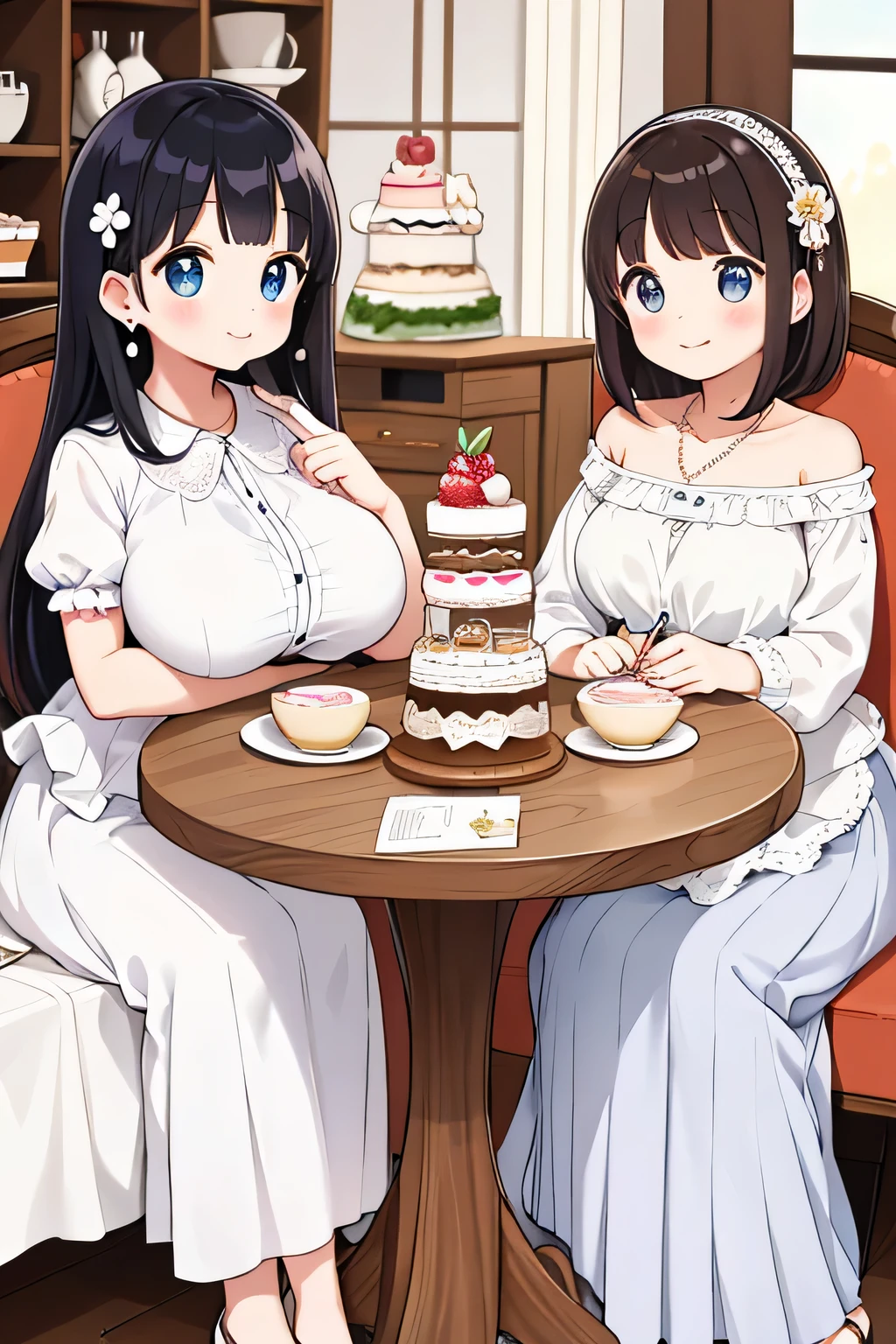 (highest quality:1.4)、High resolution、Detailed Background、(Detailed beautiful face:1.4)、Anatomically correct、(Depict the normal number of fingers:1.2)、(Detailed facial expressions)、Realistic、Beautiful fingers、Beautiful, smooth skin、Teenage beauty、(Huge breasts:1.3)、Perfect body line、brown hair、Black Hair、bob hair、Long Hair、Cowboy Shot、
Happy expression、Calm atmosphere、Upper Body、Tea time at the cafe、(Three women chatting in a cute cafe while tasting cakes and sweets:1.5)、
Choose a feminine dress with floral or lace patterns.、
Dresses with muted color palettes or soft colors、
Choose heeled pumps or flat shoes to match your dress and make it more feminine.、
Wearing a light cardigan or bolero over a dress will give you a classy and cute look.、
Choose an elegant blouse made from silk or chiffon、
We recommend designs with lace or ribbon on the neckline or cuffs.、
Pairing a blouse with a midi-length flared skirt or pleated skirt will give you an elegant look.、
Choose a basic skirt color or go for soft pastel colors.、
Casual shoes such as flat sandals look great on you.、
Choose simple bags and accessories to create a balanced look.、
Pearl necklaces and earrings、Choose a simple design、Pearl accessories are generally white or cream in color, but pastel colored pearls are also cute.。
Thin chokers and delicate pendants、We recommend a simple design in gold or silver.、Items decorated with small sparkling stones or pearls are also nice.、
Stacking rings are a style of wearing multiple rings stacked on top of each other.、
Choosing a thin ring or a ring with a simple design will add a touch of glamour to your fingers.、
Pair it with a gold or rose gold ring for a classy look.、
We also recommend adding some cute headbands and hair accessories.、
Some have flower or ribbon accents, while others have simple designs.、
Hair accessories can enhance your hairstyle.、
Gold or Silver、A simple watch with a rose gold metal strap、
Watches decorated with diamonds and pearls also give an elegant impression.、
Simple accessories that are not too flashy、cute