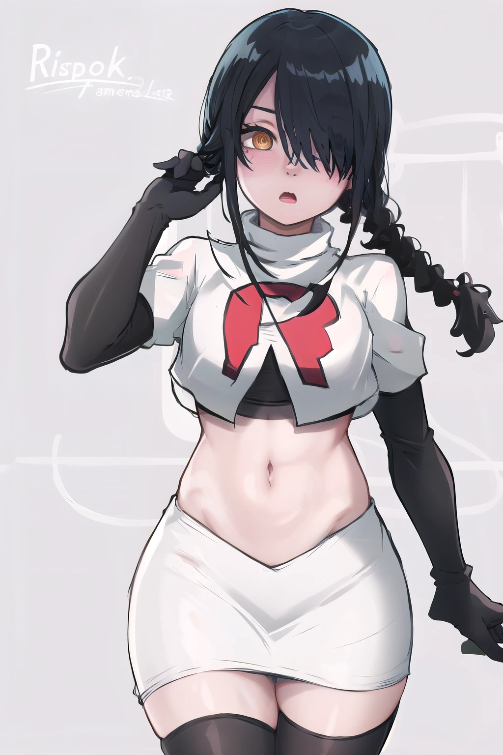 nayuta, ringed eyes, red eyes, single braid, (hair over one eye), black hair, looking at viewer, :o, blush, simple background, team rocket,team rocket uniform,white skirt,red letter R,crop top,black thigh-highs,black elbow gloves